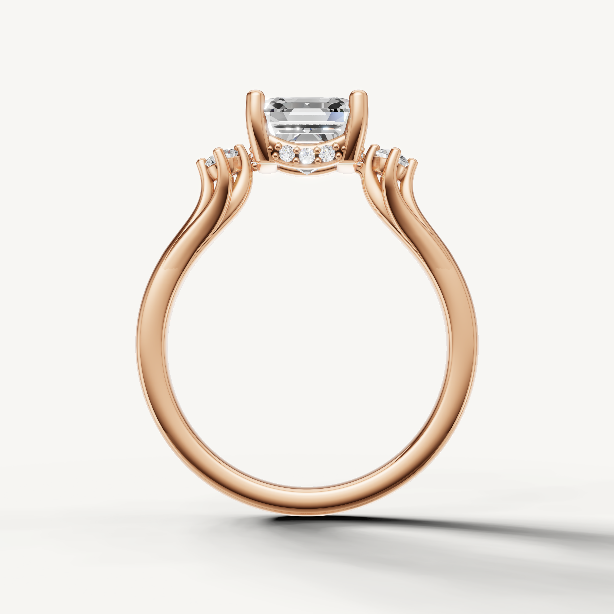 Modern asscher cut lab grown diamond ring in 14K gold with minimalist three stone design