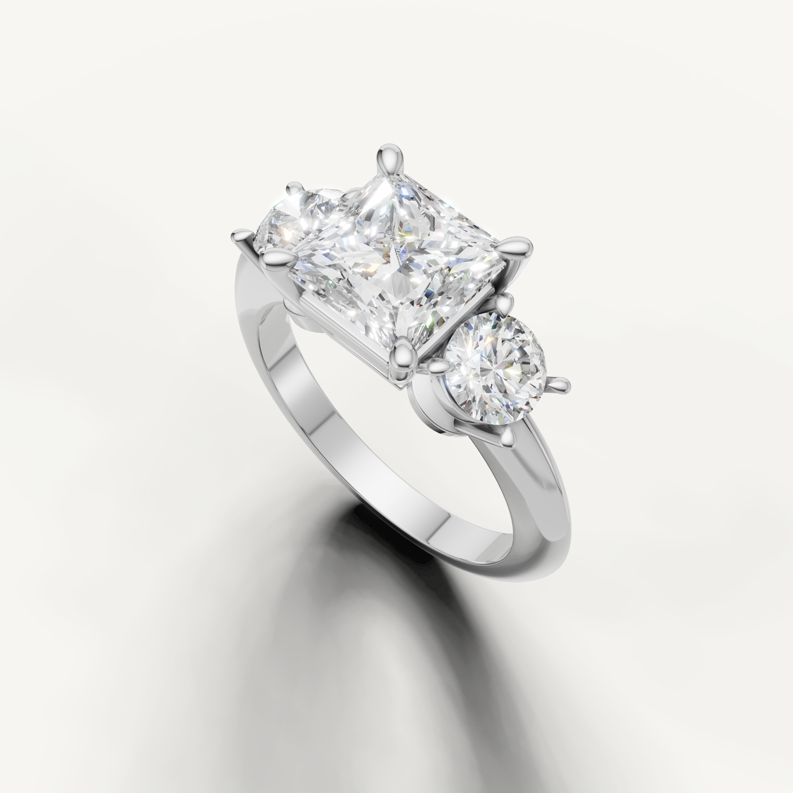 Three stone princess cut lab grown diamond ring in white gold classic setting