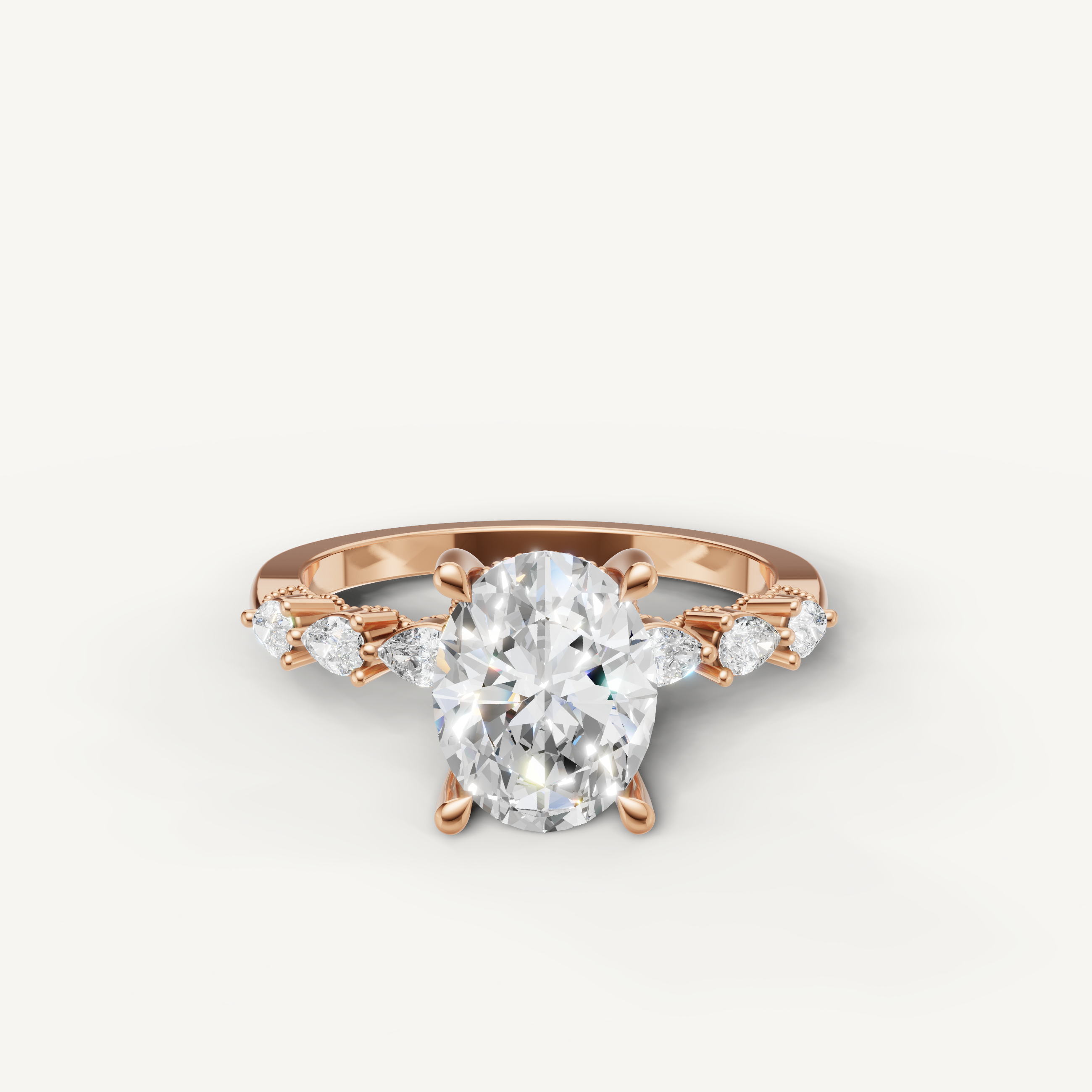 Oval cut lab grown diamond engagement ring in 14K rose gold with marquise side stones by Raul Diamonds