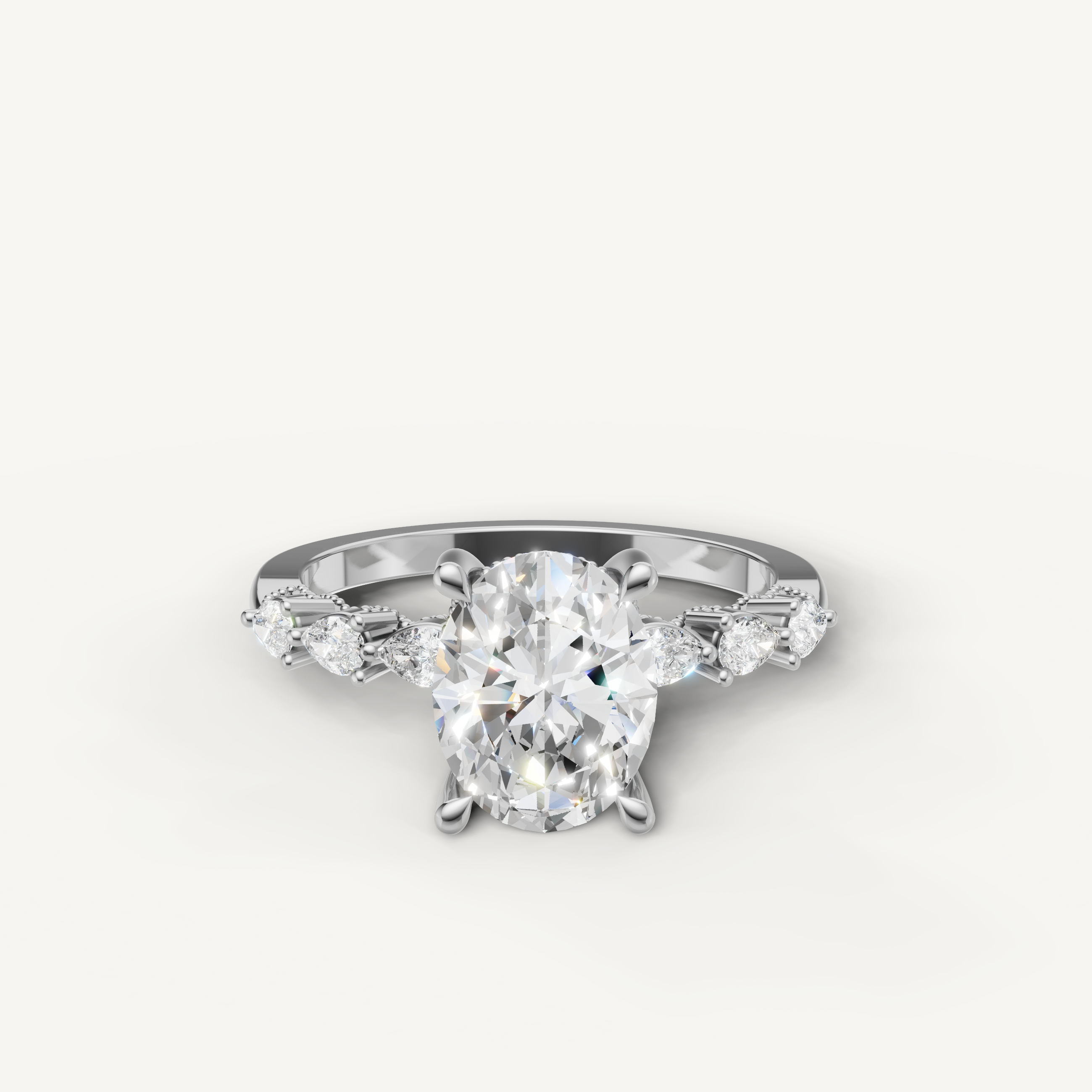 Oval cut lab grown diamond engagement ring in 14K white gold with marquise side stones by Raul Diamonds