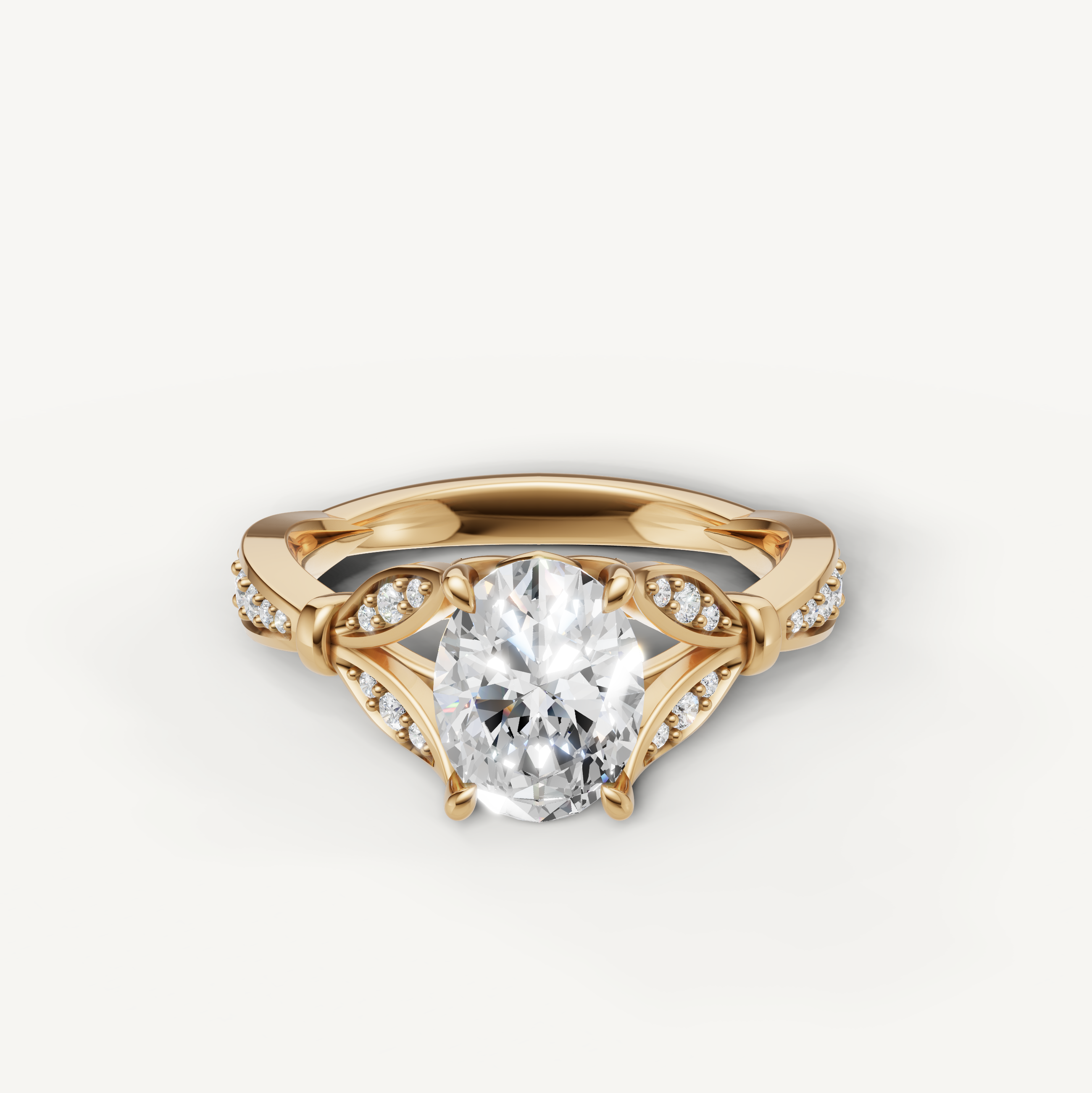 Oval cut lab grown diamond engagement ring in 14K yellow gold with vintage pavé detailing by Raul Diamonds