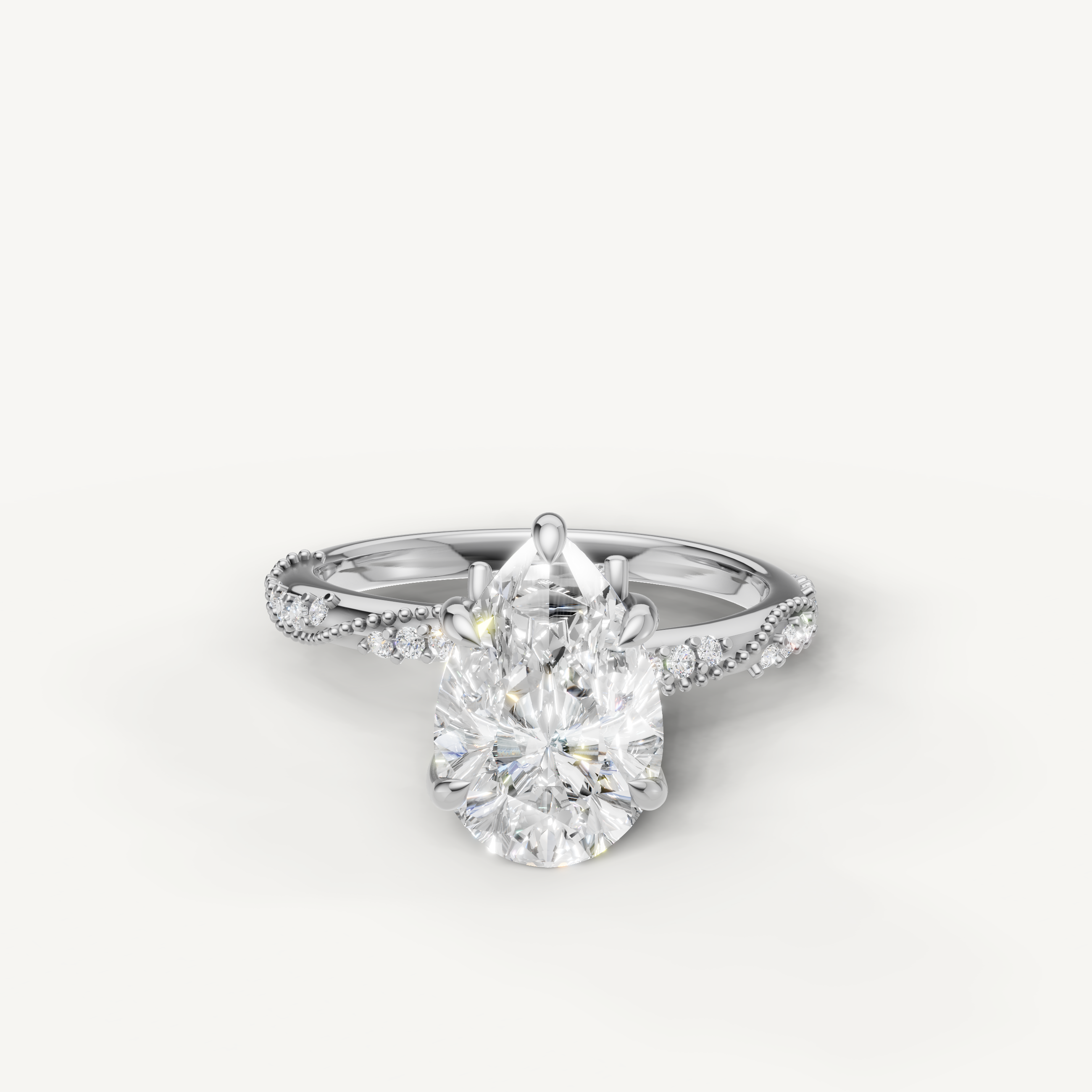 pear cut lab grown diamond engagement ring with twisted pavé band white gold