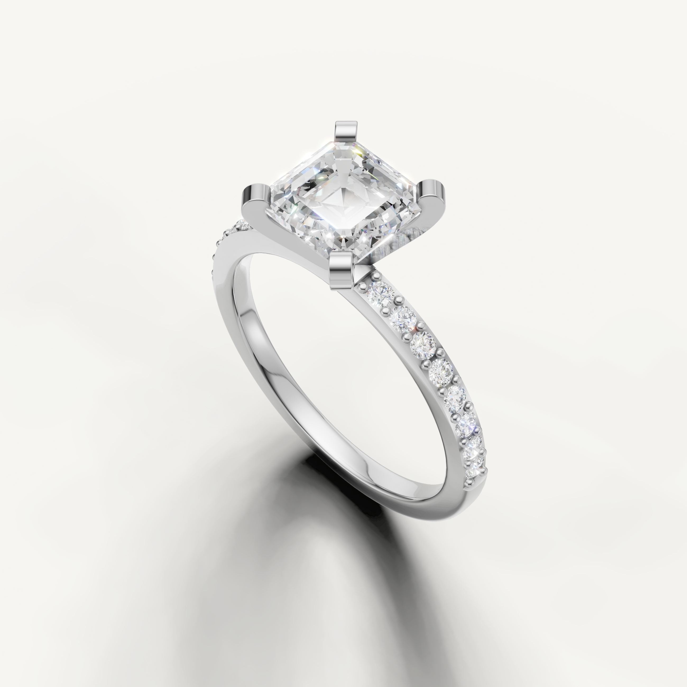 Asscher cut diamond ring in white gold with pavé band
