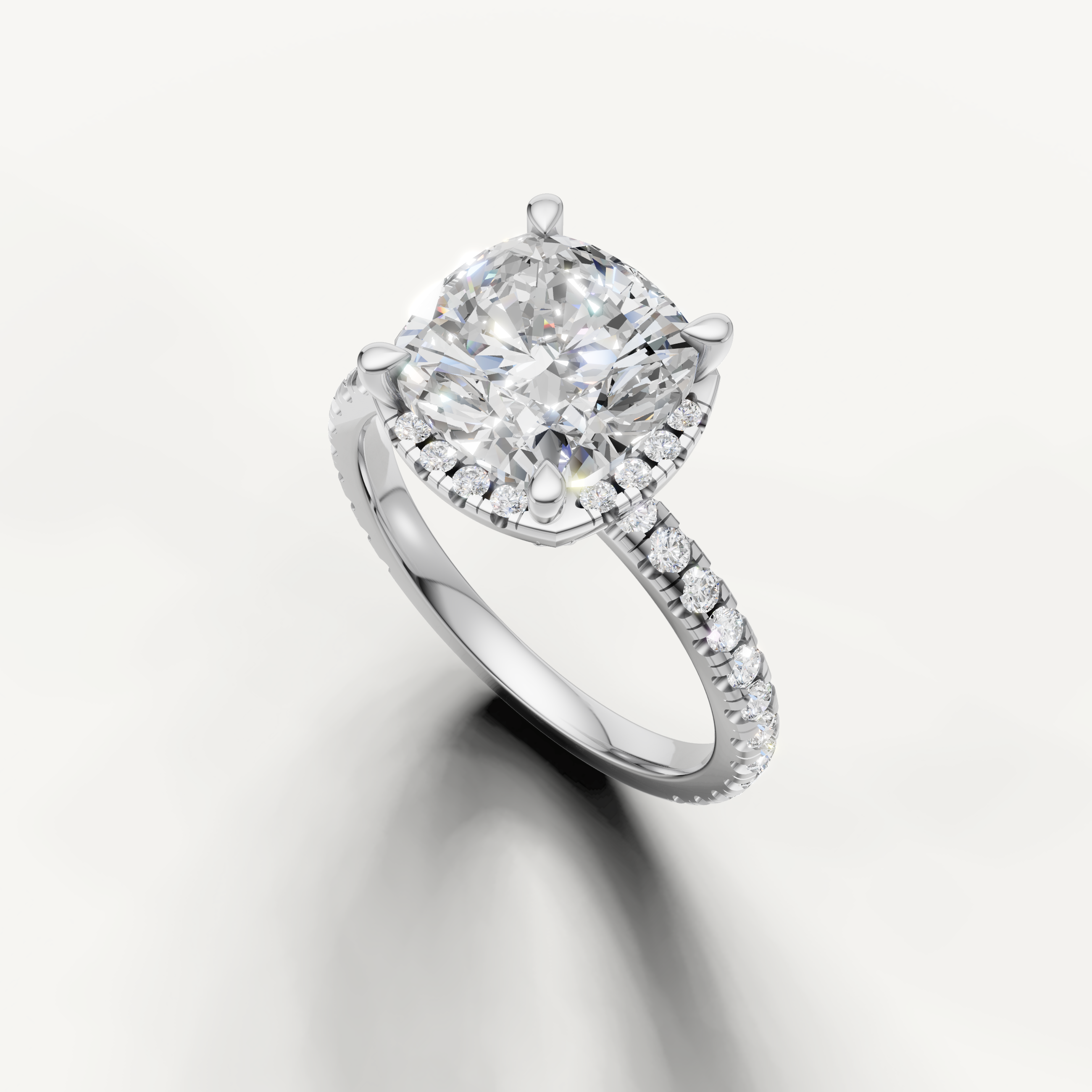 Cushion cut solitaire diamond ring with pavé band white gold timeless engagement ring