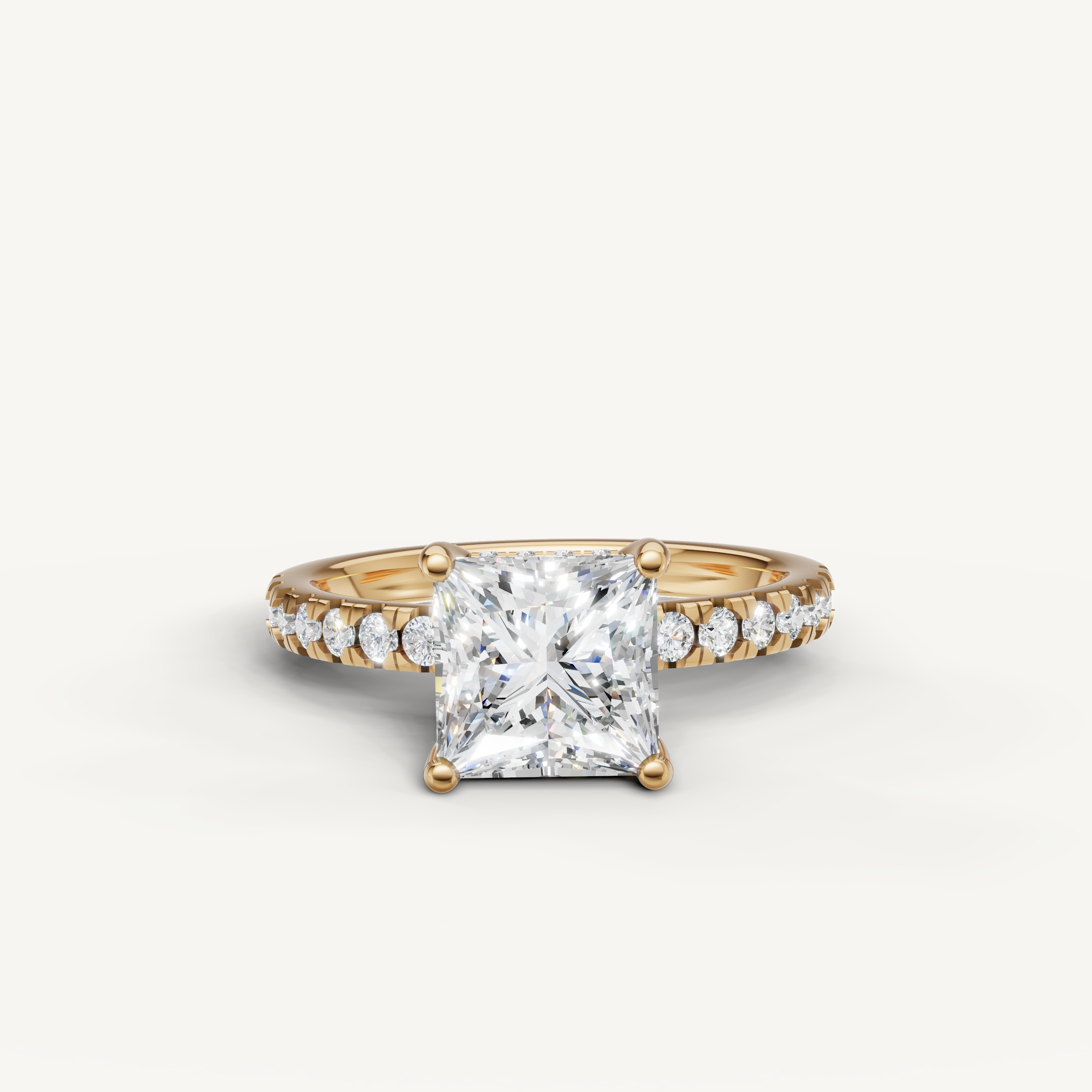 princess cut lab grown diamond engagement ring with pavé band yellow gold
