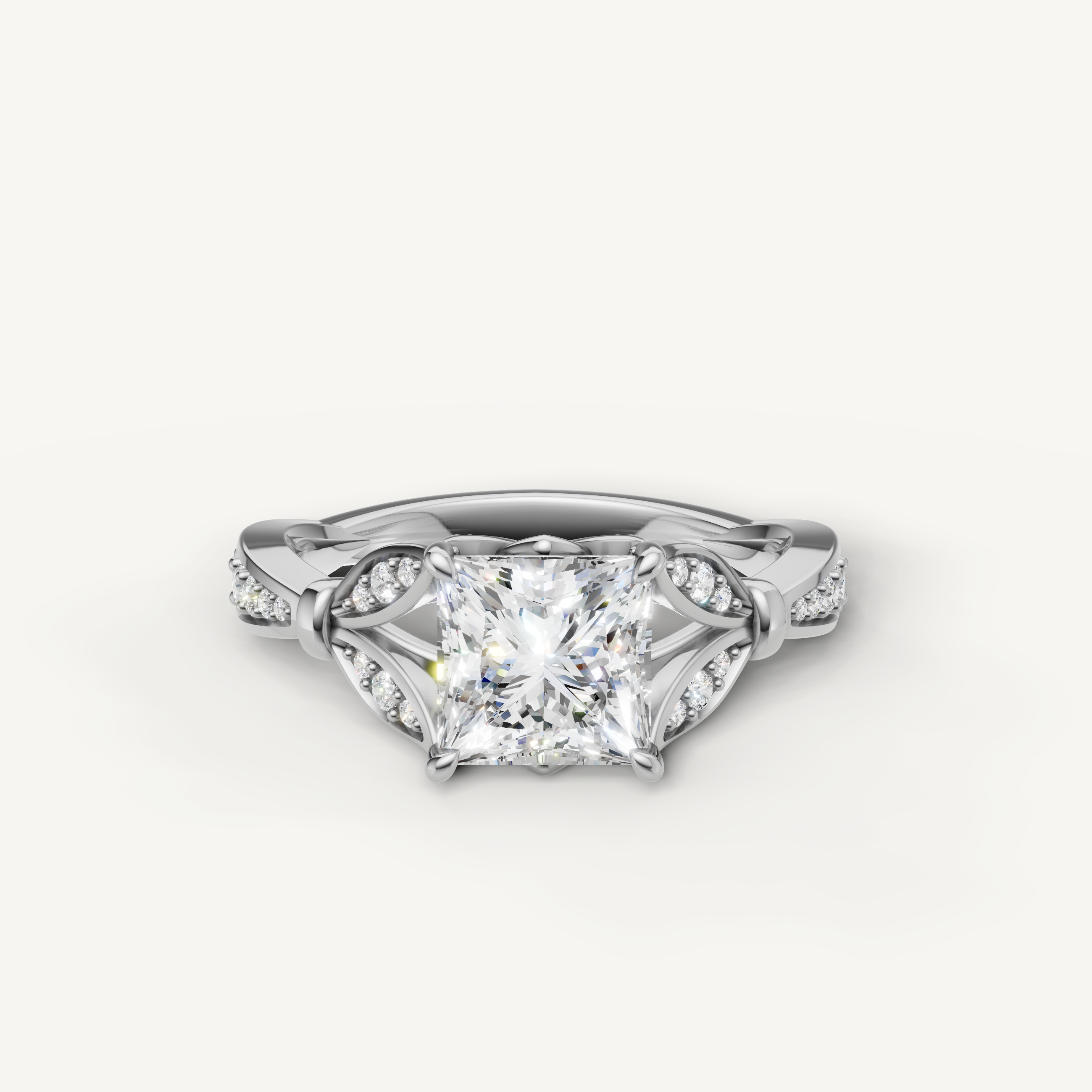 Princess cut lab grown diamond engagement ring in 14K white gold with intricate pavé detailing by Raul Diamonds