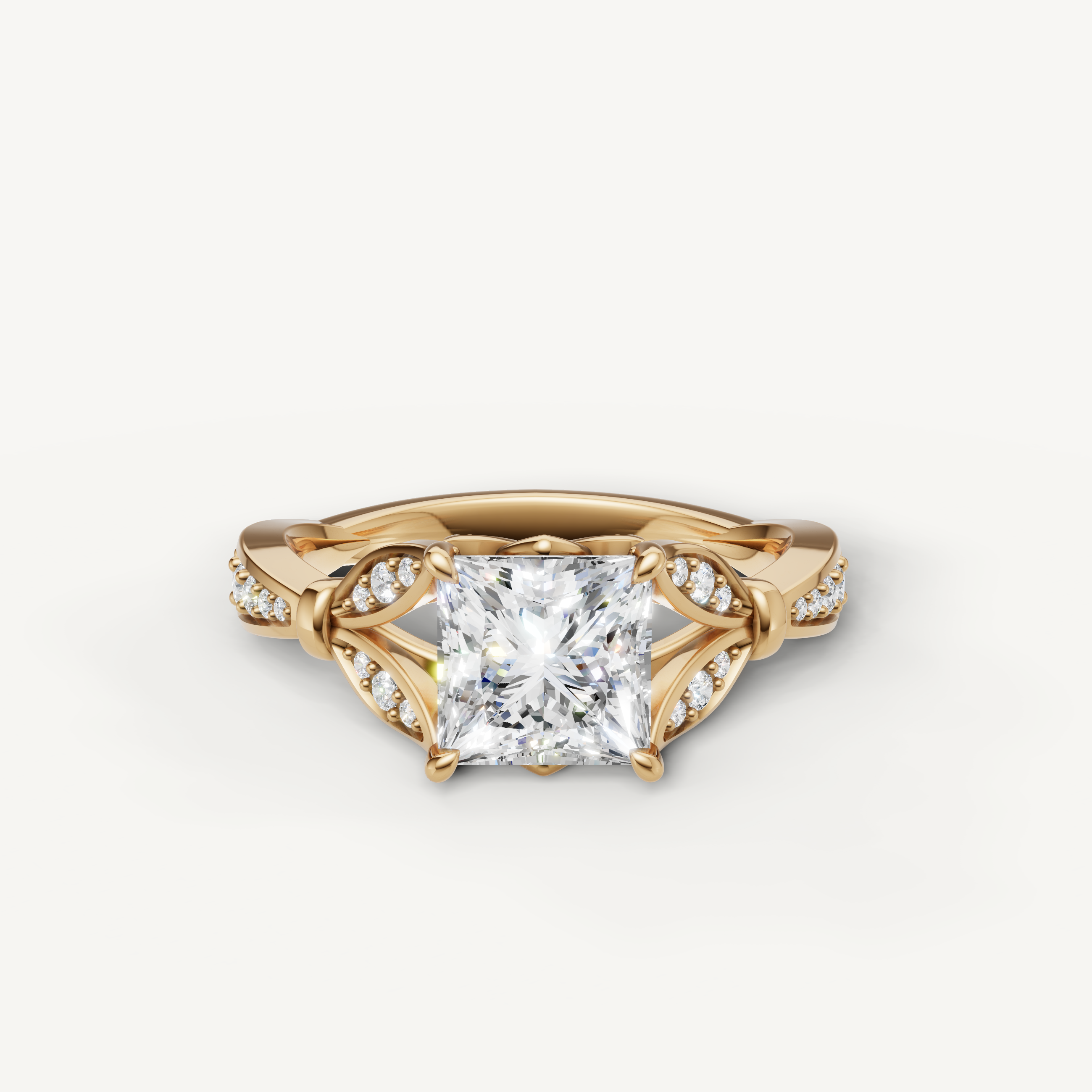 Princess cut lab grown diamond engagement ring in 14K yellow gold with vintage pavé detailing by Raul Diamonds