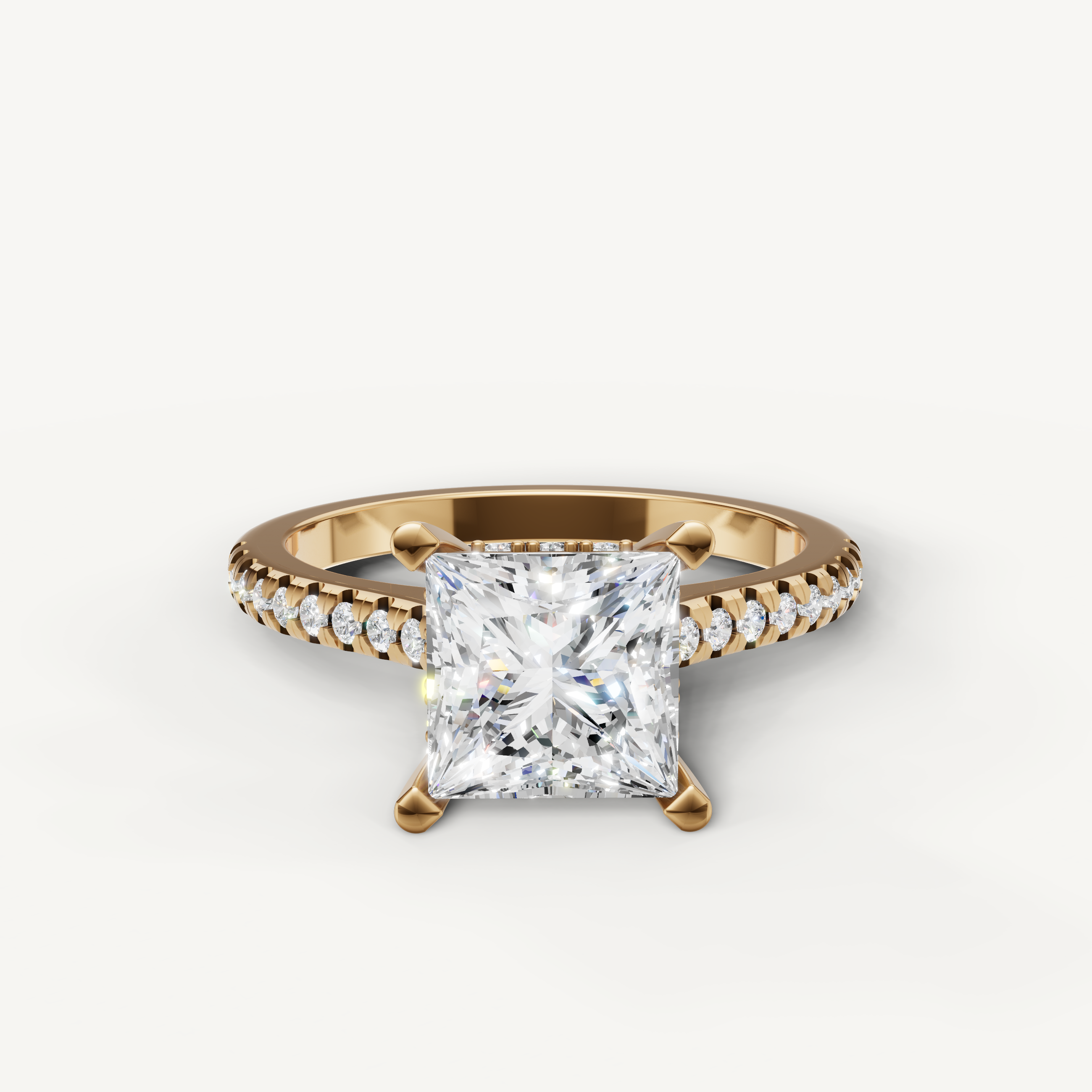 Princess cut lab grown diamond engagement ring with pavé band in 14K yellow gold by Raul Diamonds