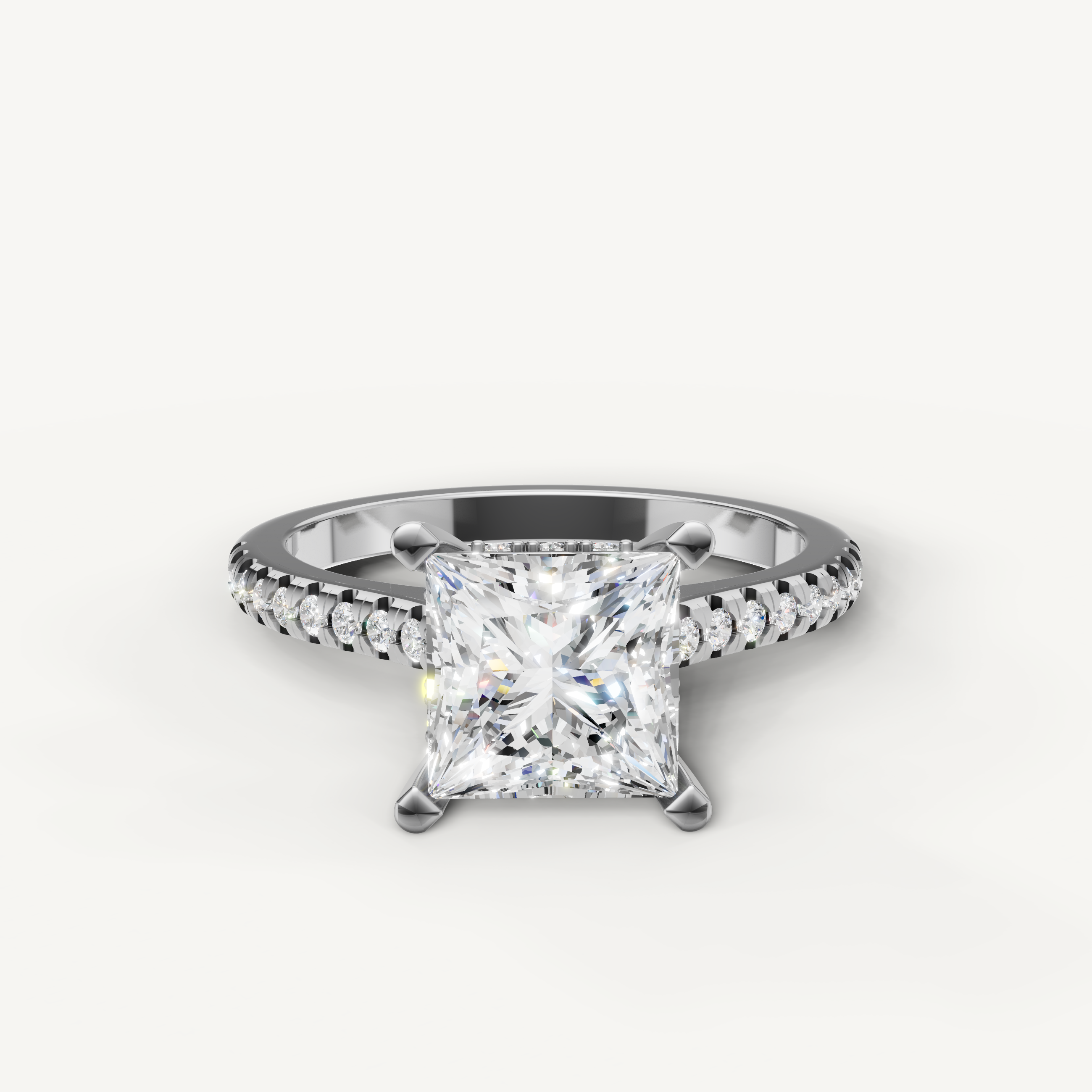 Princess cut lab grown diamond engagement ring with pavé band in 14K white gold by Raul Diamonds