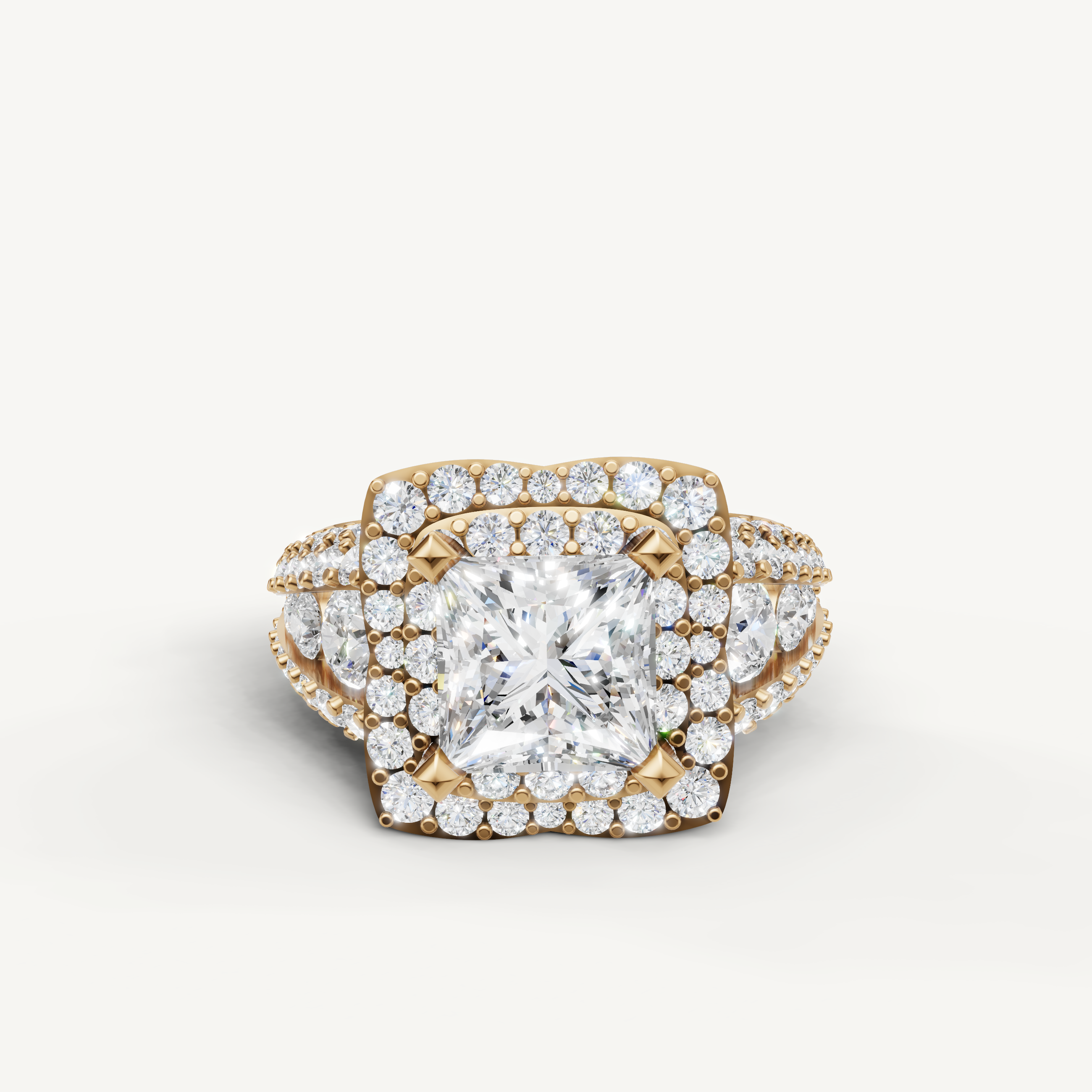 Raul Diamonds princess cut halo engagement ring with pavé diamond band in yellow gold.