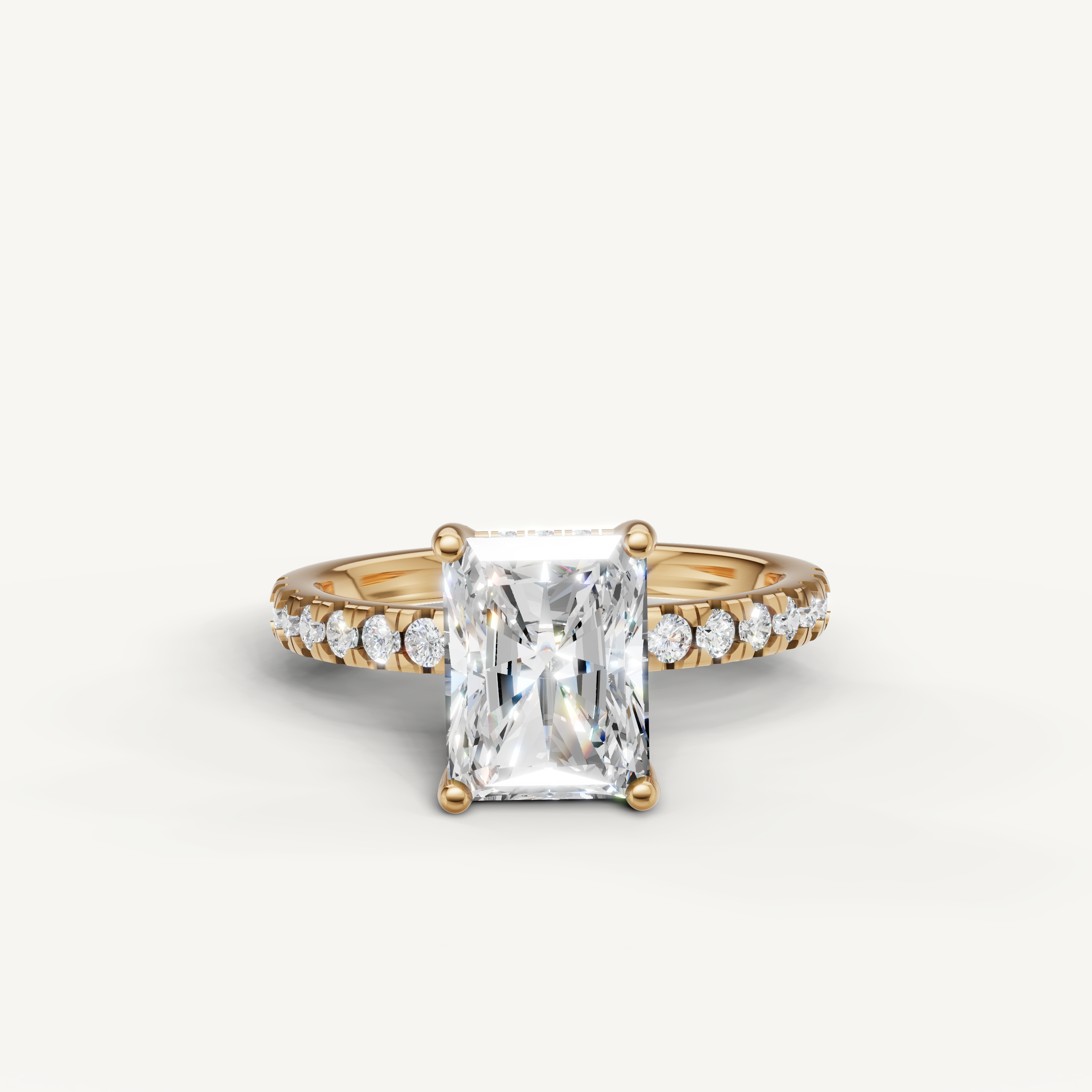 Radiant cut lab grown diamond engagement ring with pavé band yellow gold 4 prong setting