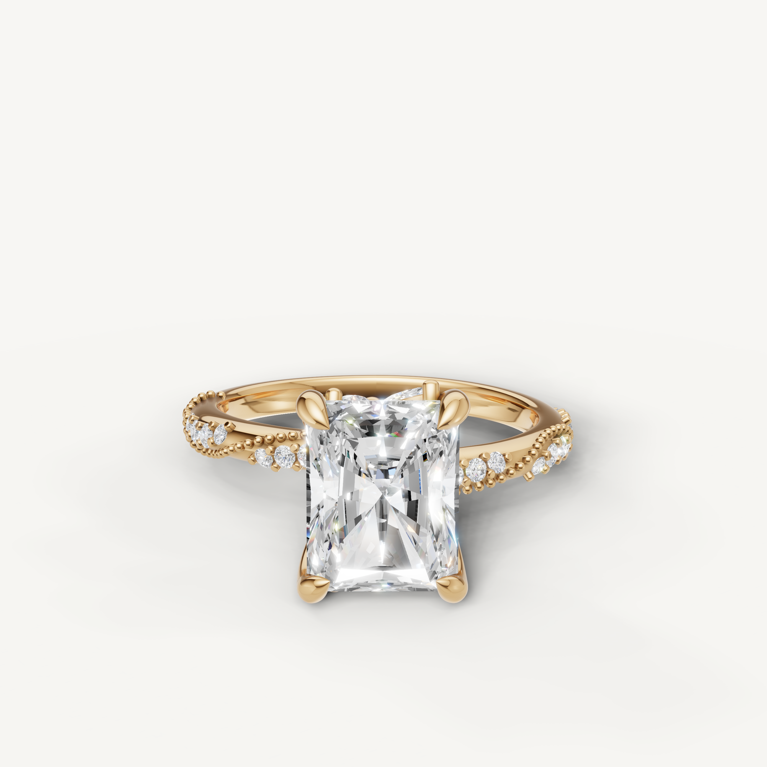 radiant cut lab grown diamond engagement ring with twisted pavé band yellow gold