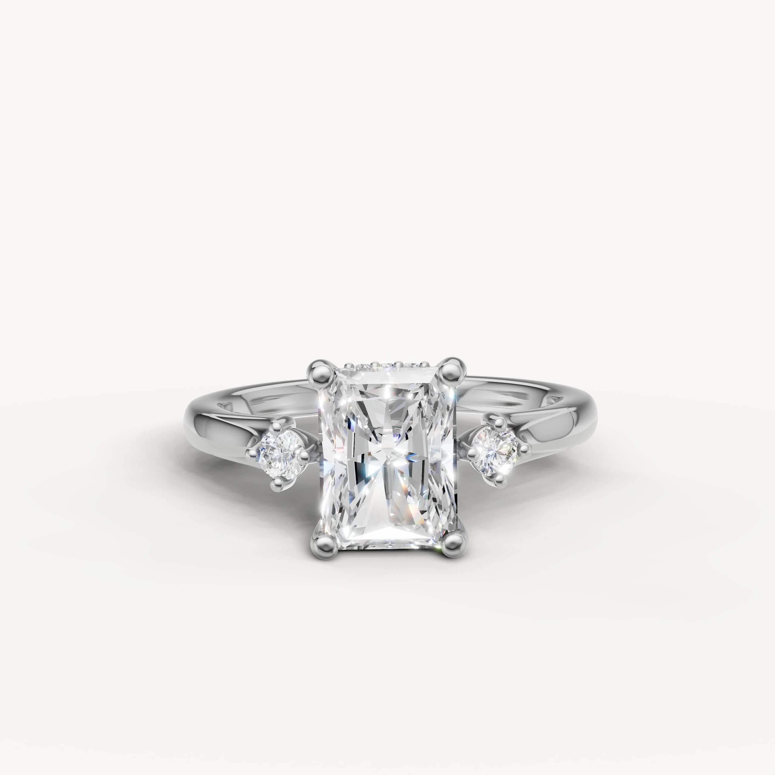 Radiant cut lab grown diamond engagement ring in 14K white gold with sparkling side stones