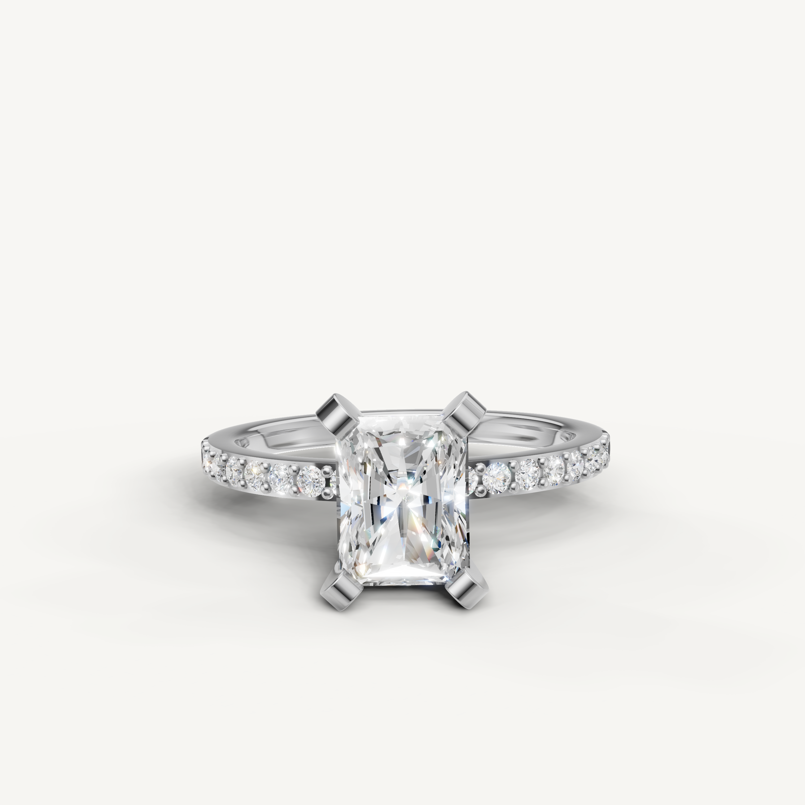 Radiant cut lab grown diamond engagement ring in 14K white gold pavé band
