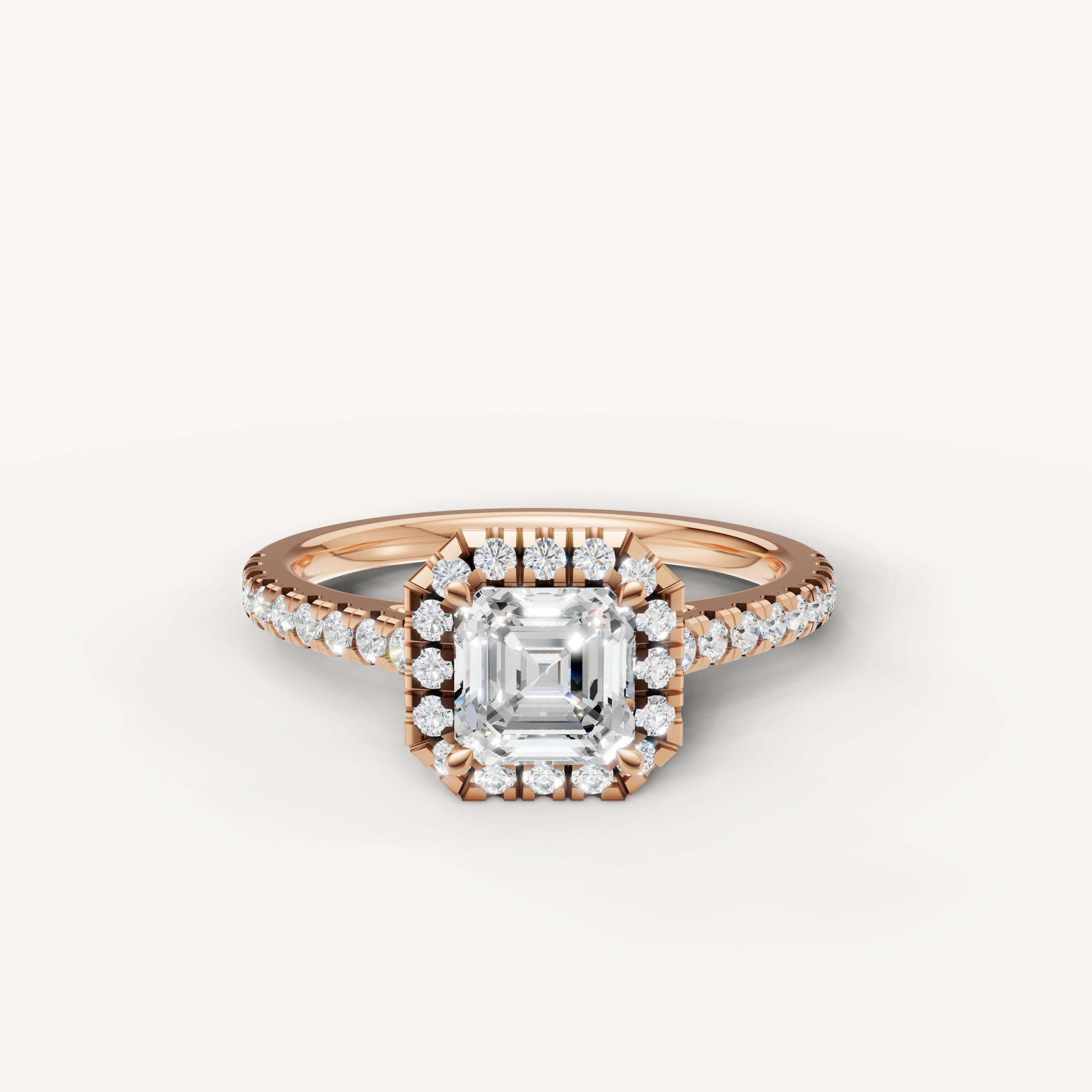 asscher cut lab grown diamond halo engagement ring with pavé band in 14k rose gold