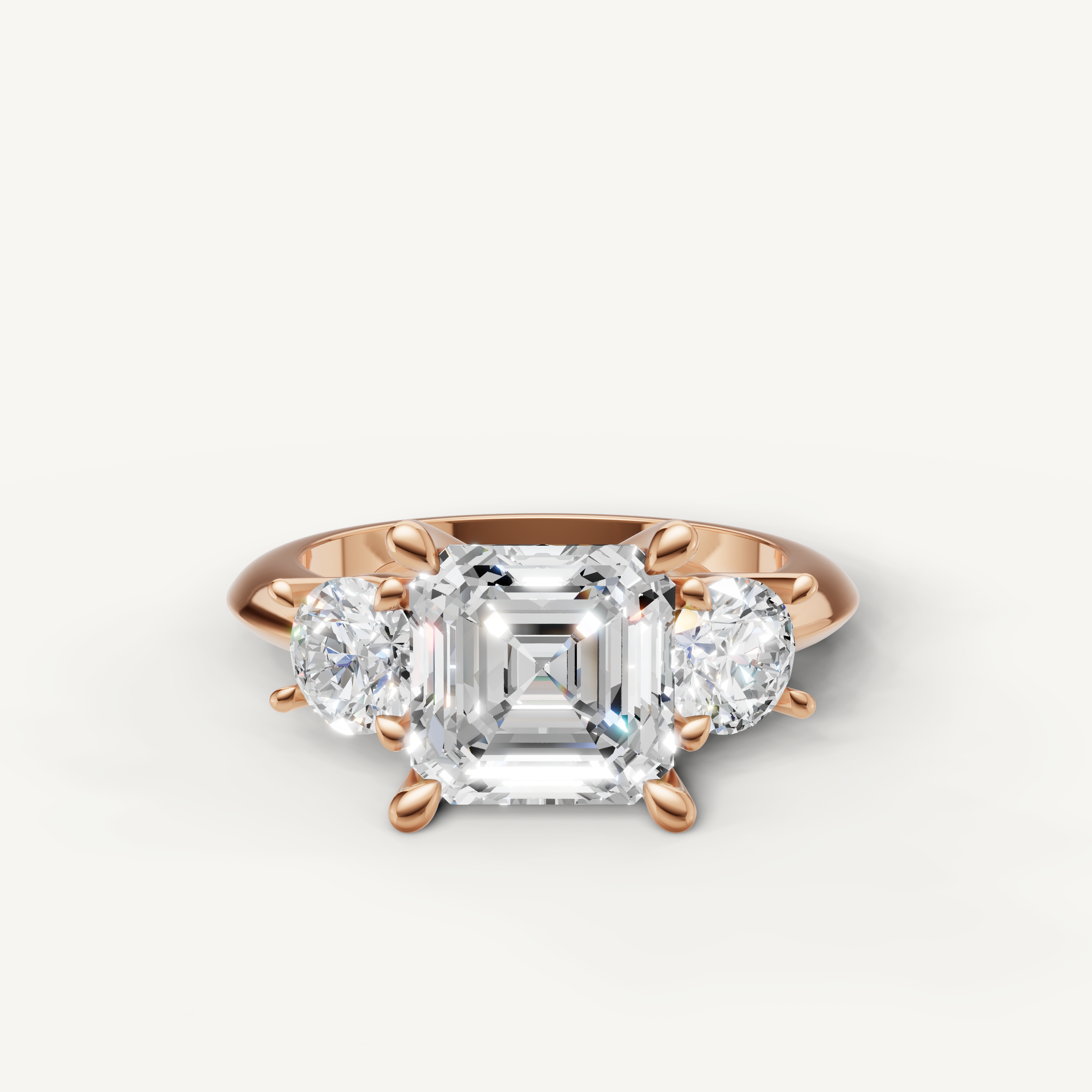 Asscher cut three stone lab grown diamond engagement ring in 14K rose gold