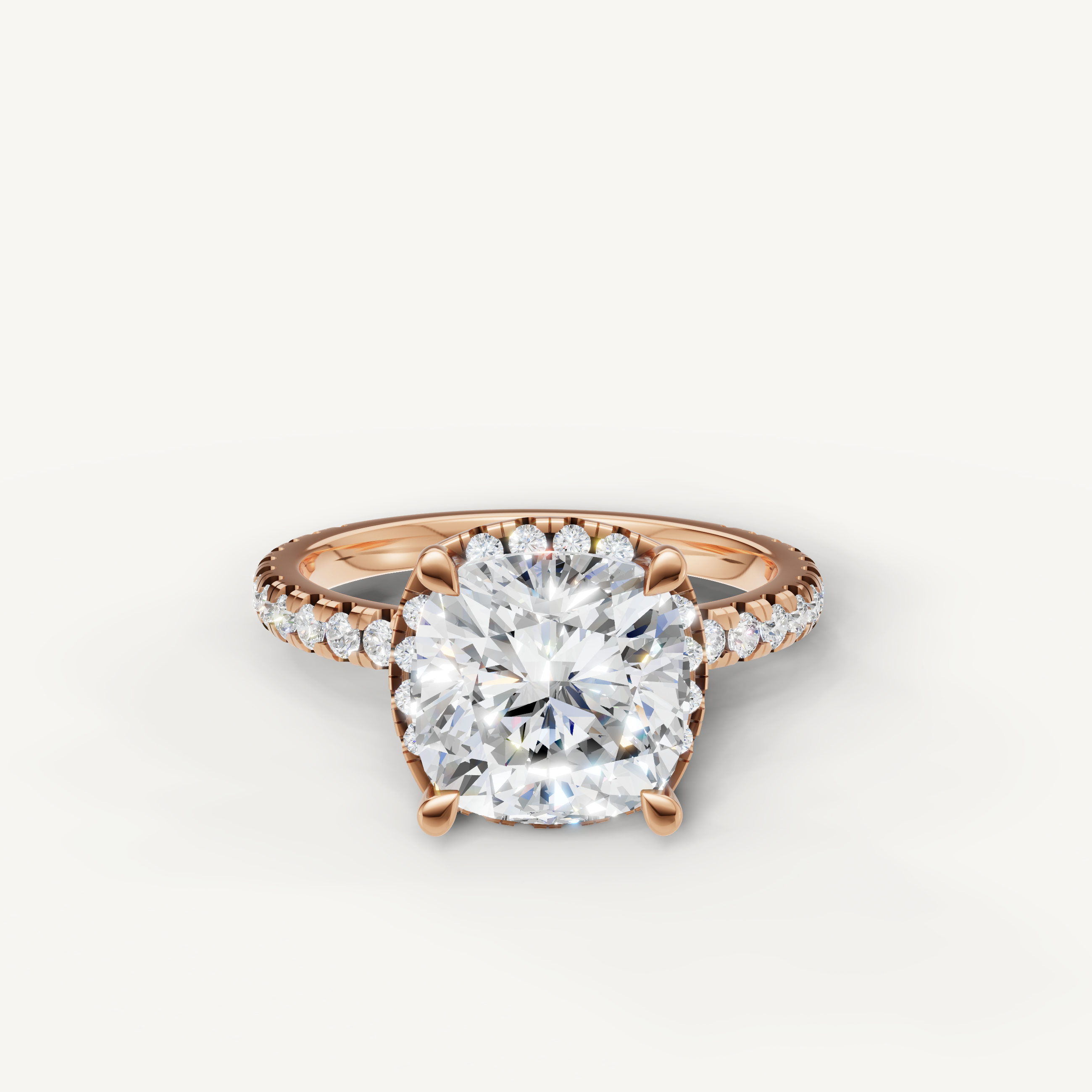 Cushion cut lab grown diamond engagement ring with pavé band rose gold classic style