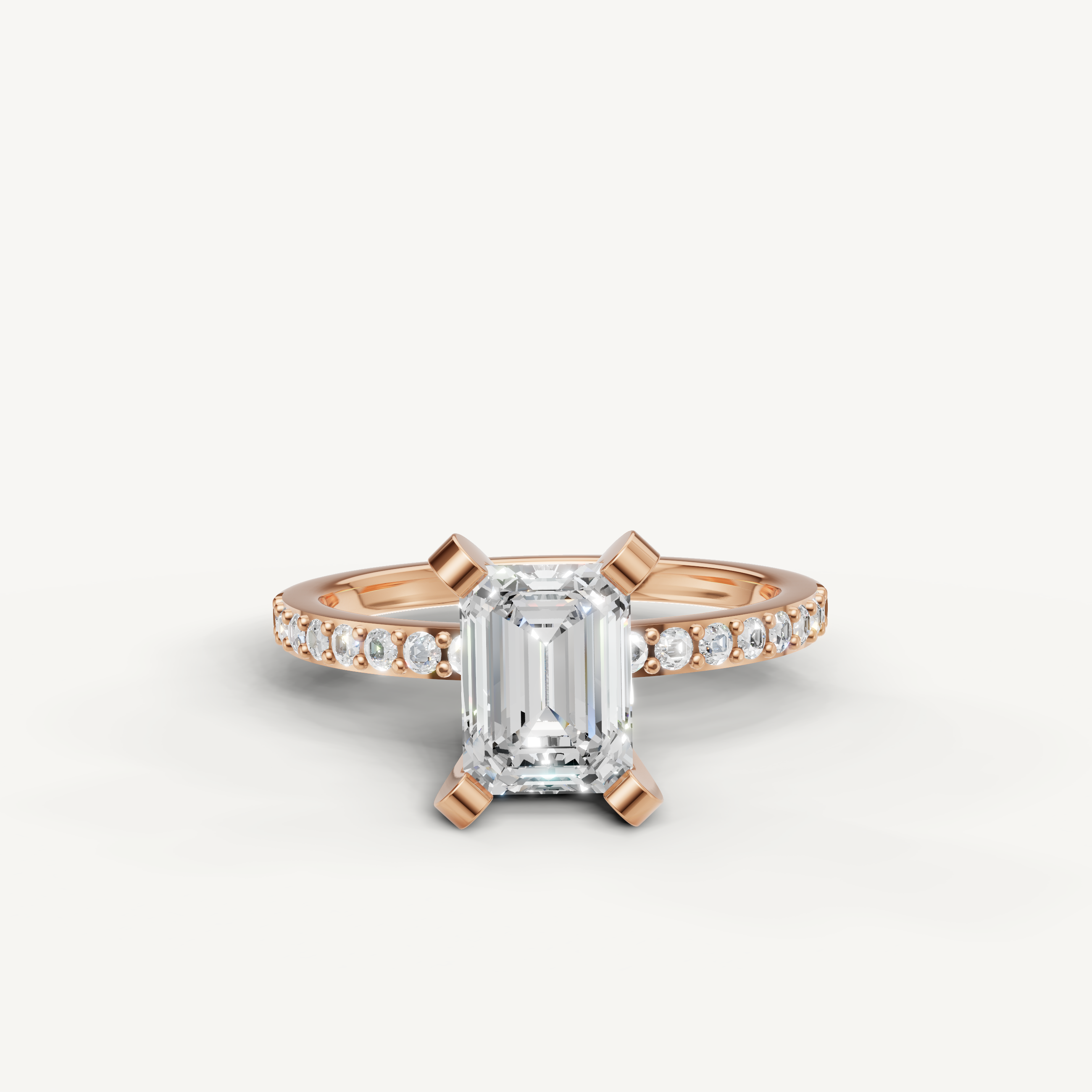 Emerald cut lab grown diamond engagement ring in 14K rose gold with pavé band