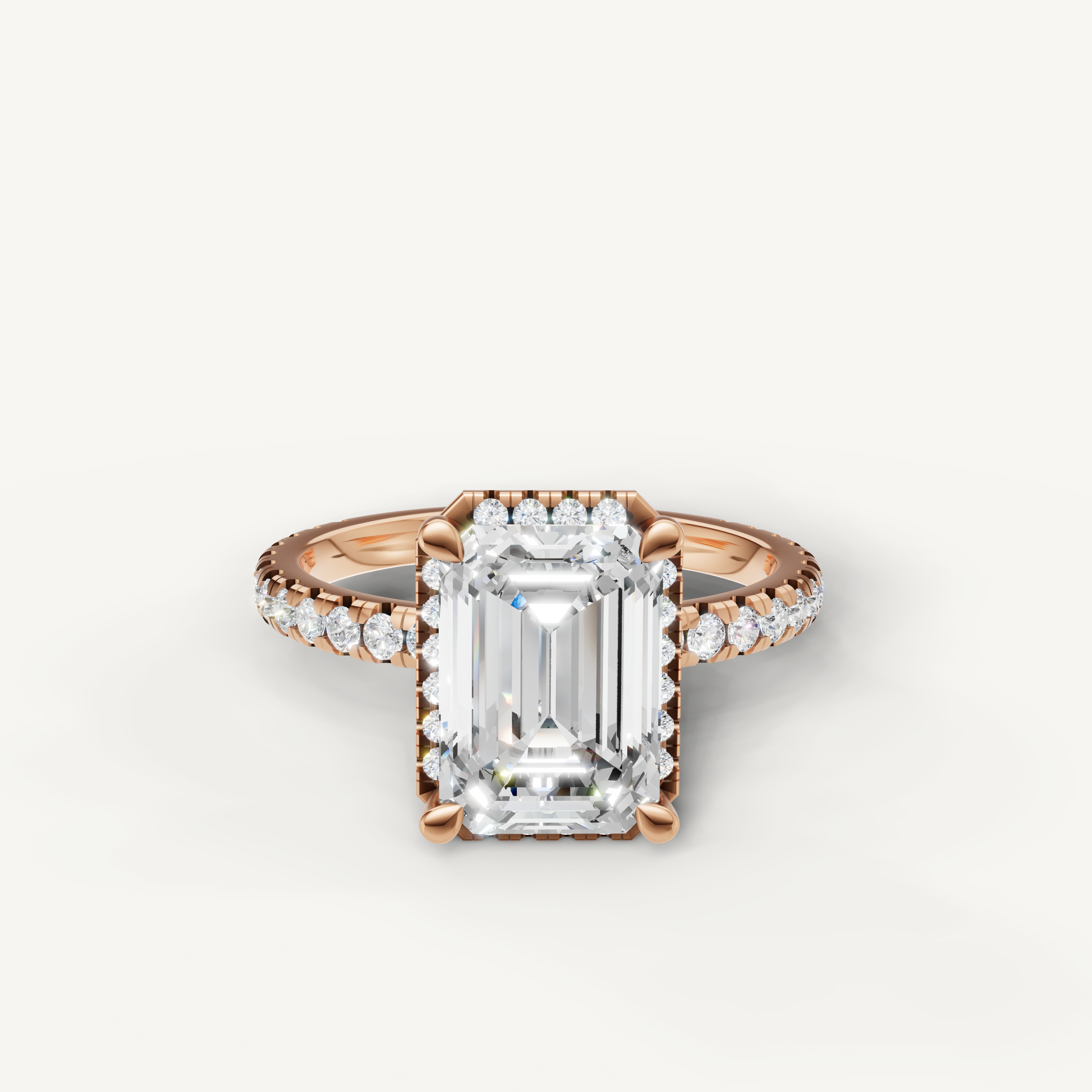 Emerald cut lab grown diamond engagement ring with hidden halo and pavé band rose gold