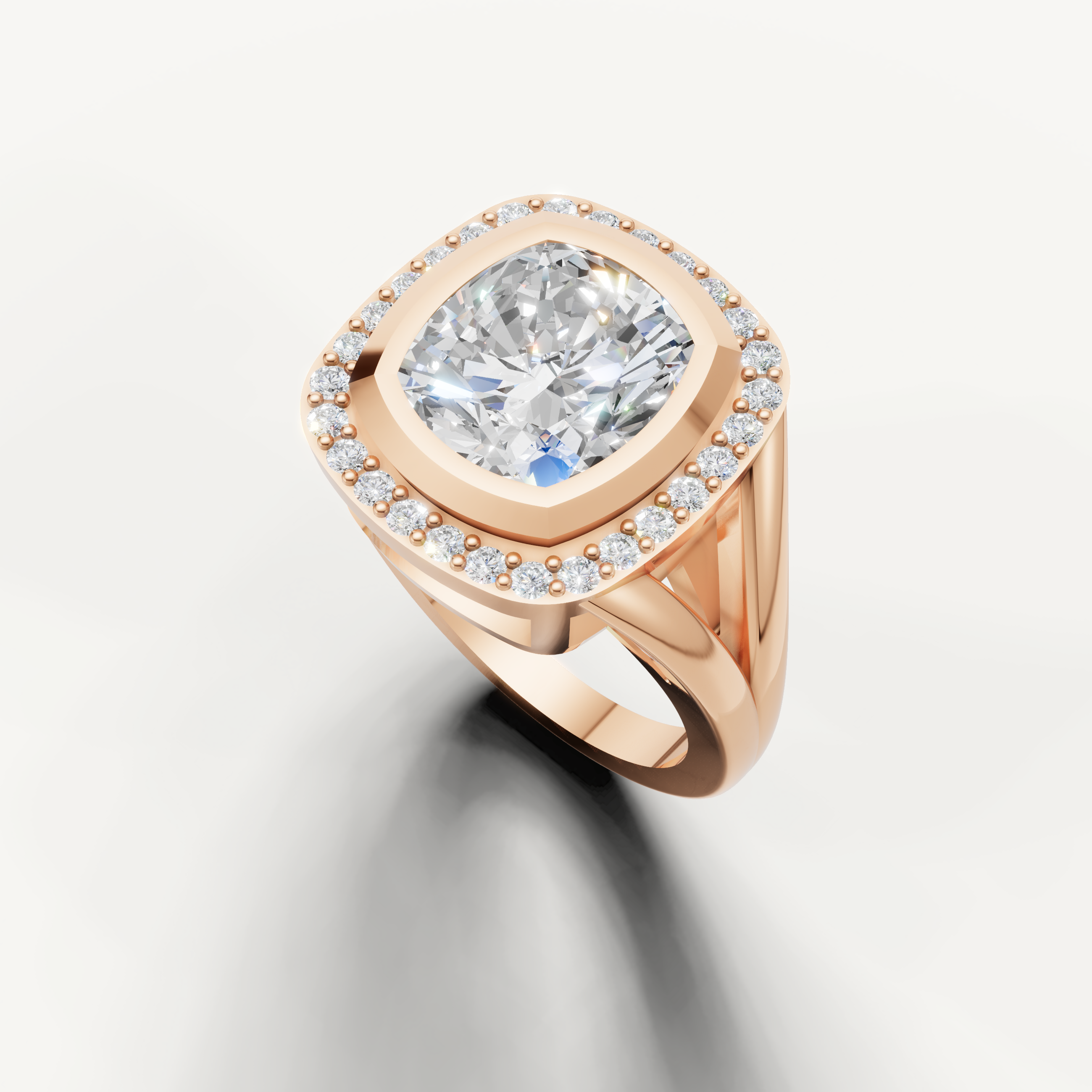 Luxury rose gold halo pear ring featuring a radiant center diamond.