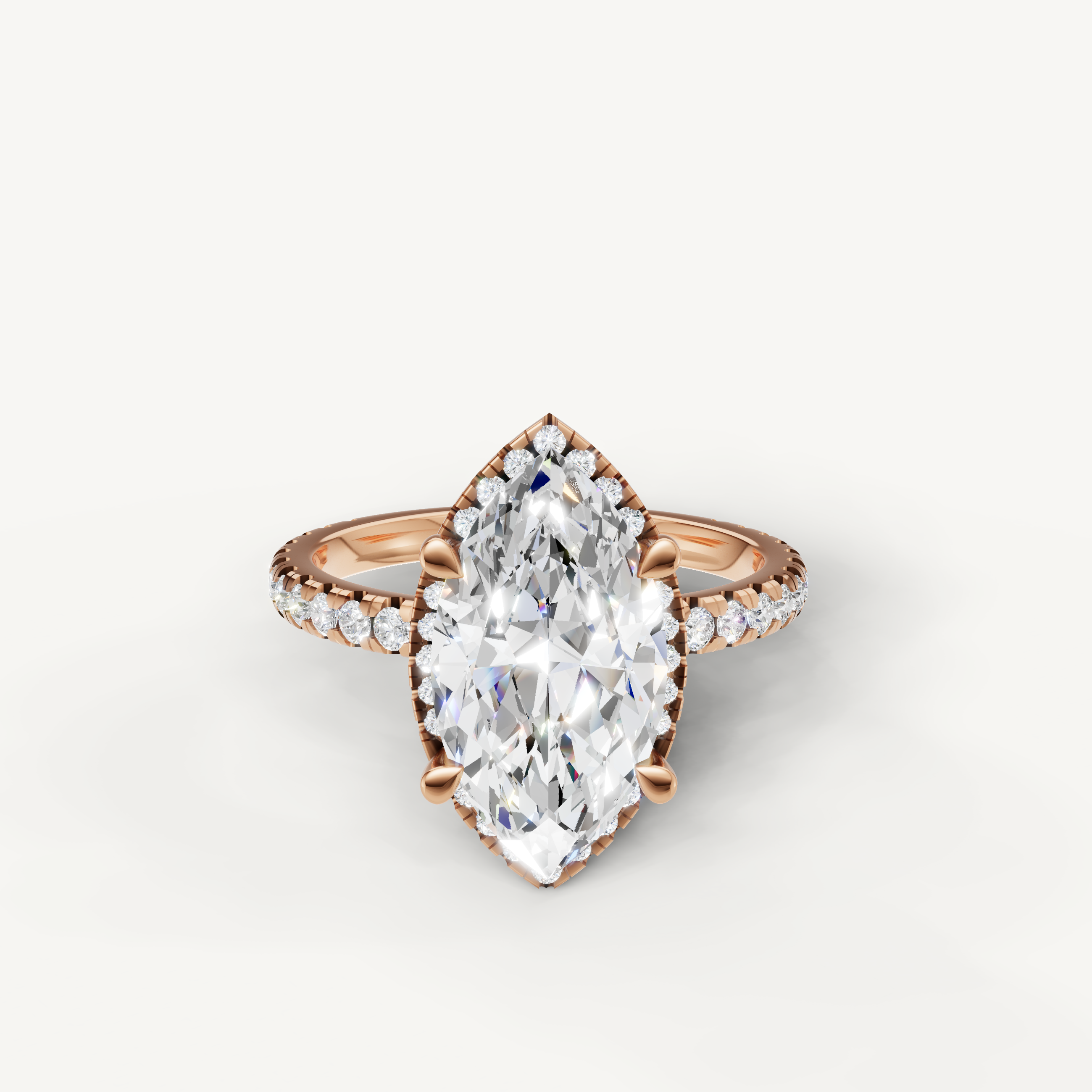 Marquise cut lab grown diamond engagement ring with hidden halo pavé band rose gold
