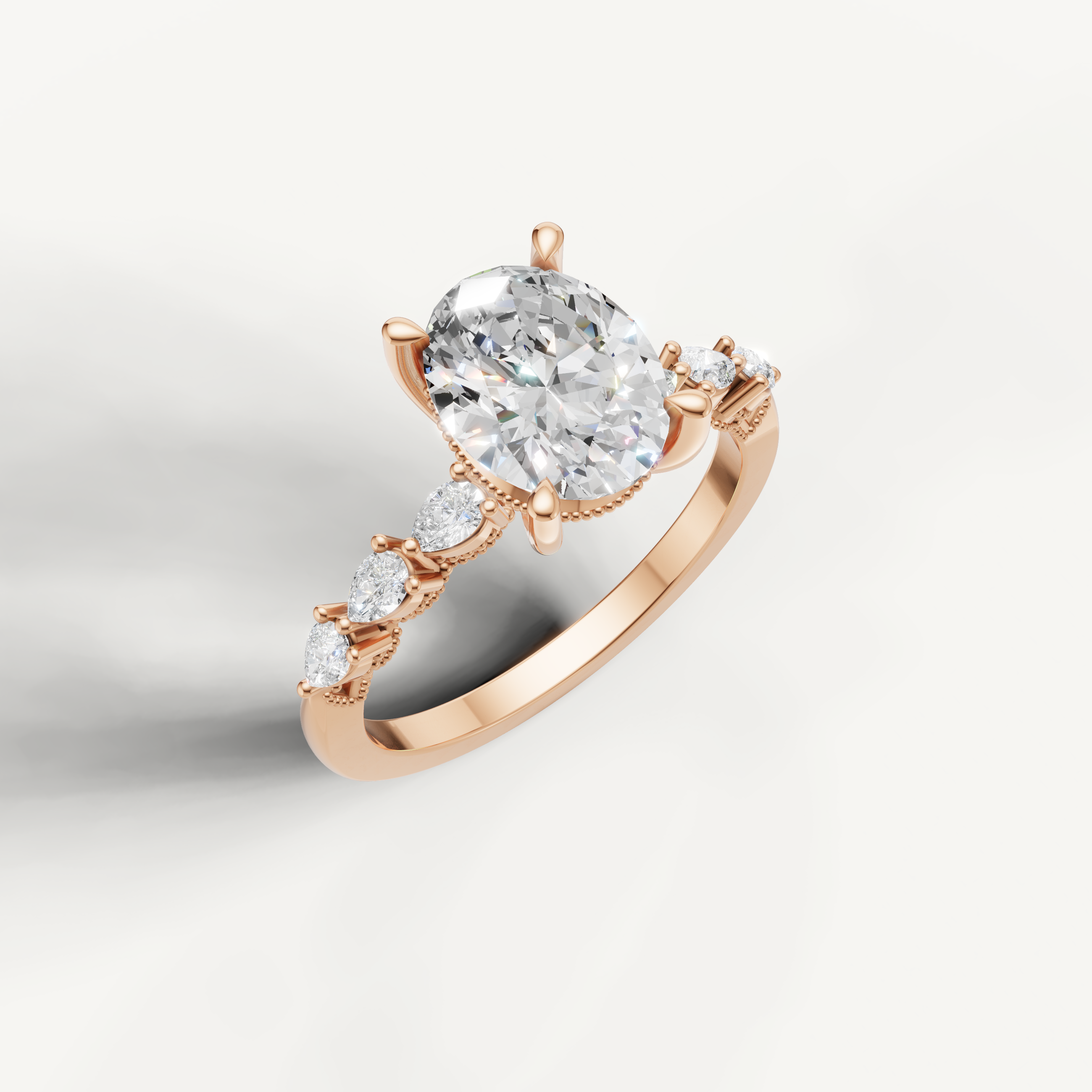 Rose gold oval lab grown diamond ring with marquise diamond accents and elegant nature inspired setting