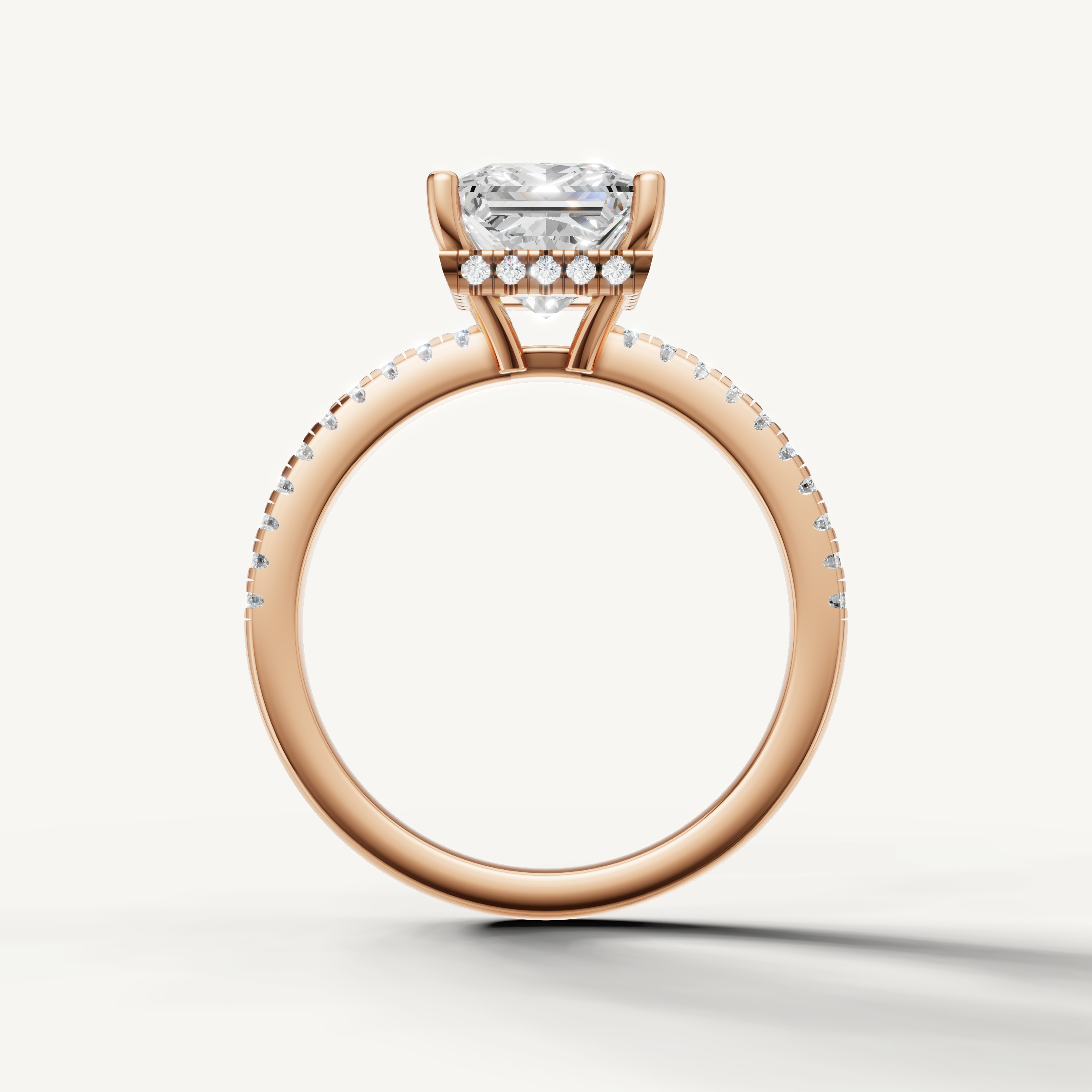 modern princess cut lab grown diamond ring with micro pavé setting in rose gold