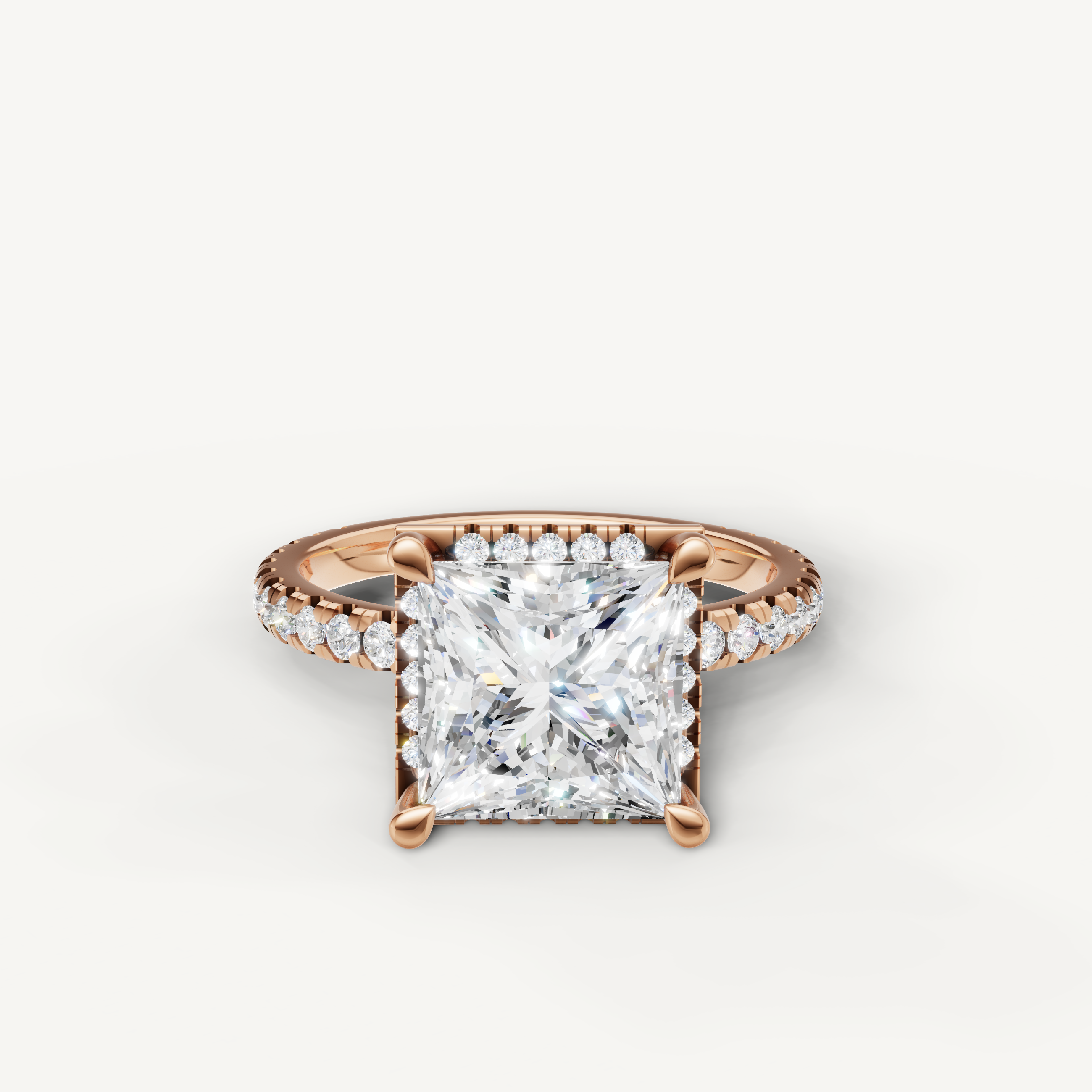 Princess cut lab grown diamond engagement ring with hidden halo pavé band rose gold