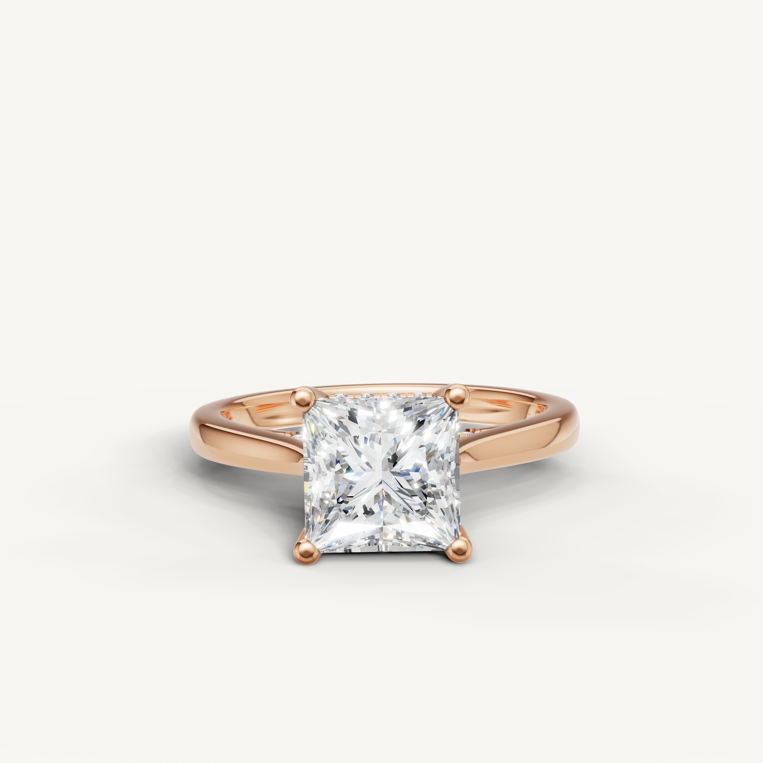 14K rose gold princess-cut lab-grown diamond engagement ring with hidden halo design