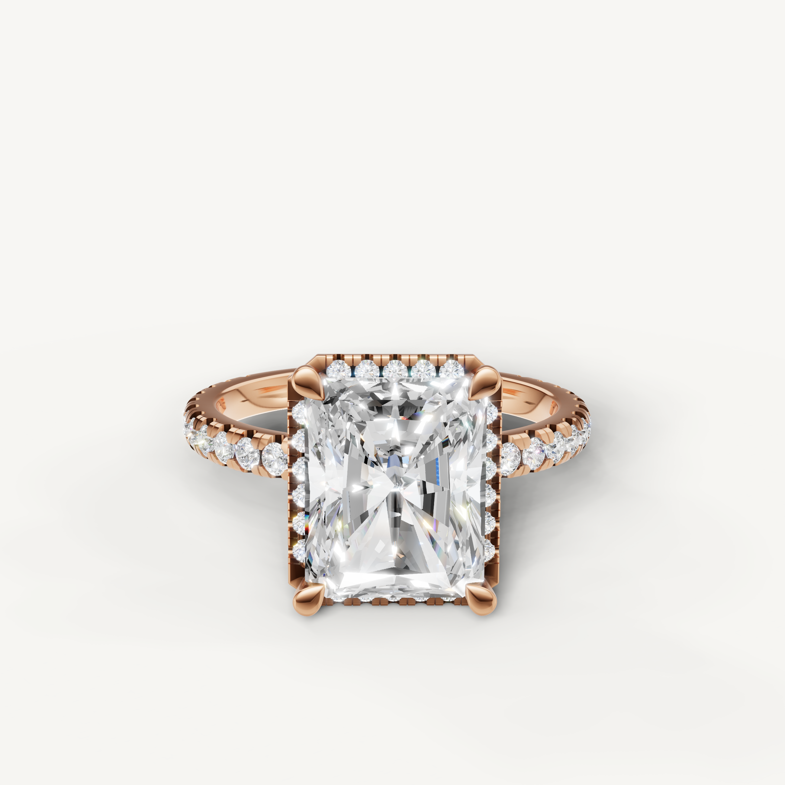 Radiant cut lab grown diamond engagement ring with hidden halo pavé band rose gold