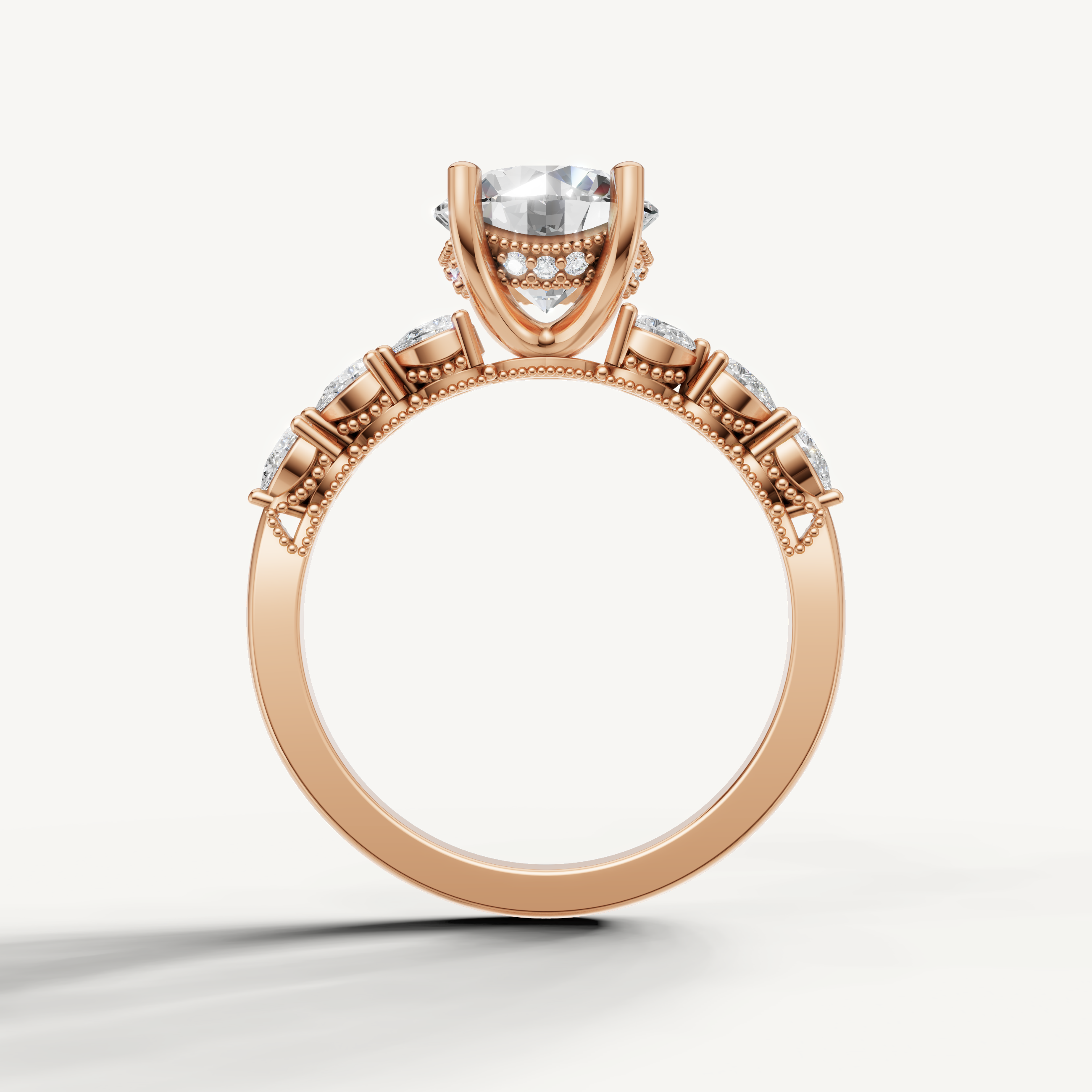 Round cut lab grown diamond solitaire ring in rose gold with marquise accent diamonds by Raul Diamonds