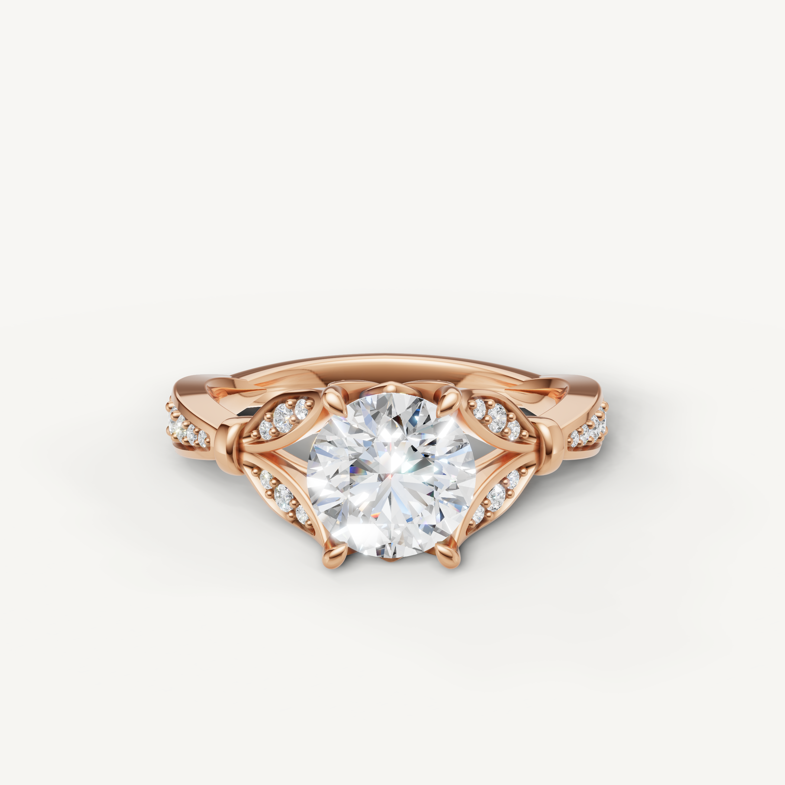 round brilliant lab grown diamond engagement ring with vintage leaf filigree pavé band rose gold