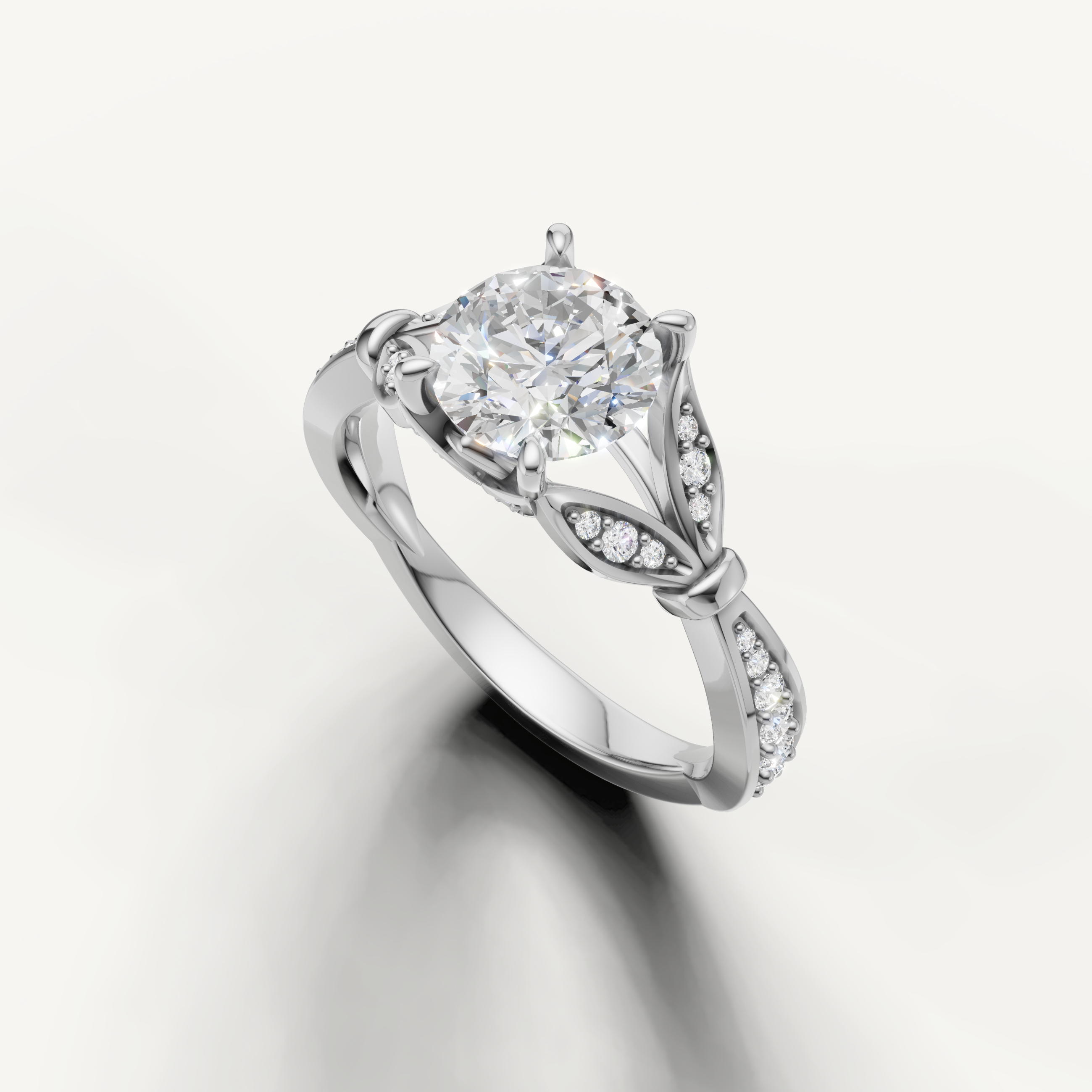 Round cut lab grown diamond engagement ring in 14K white gold with intricate pavé detailing by Raul Diamonds