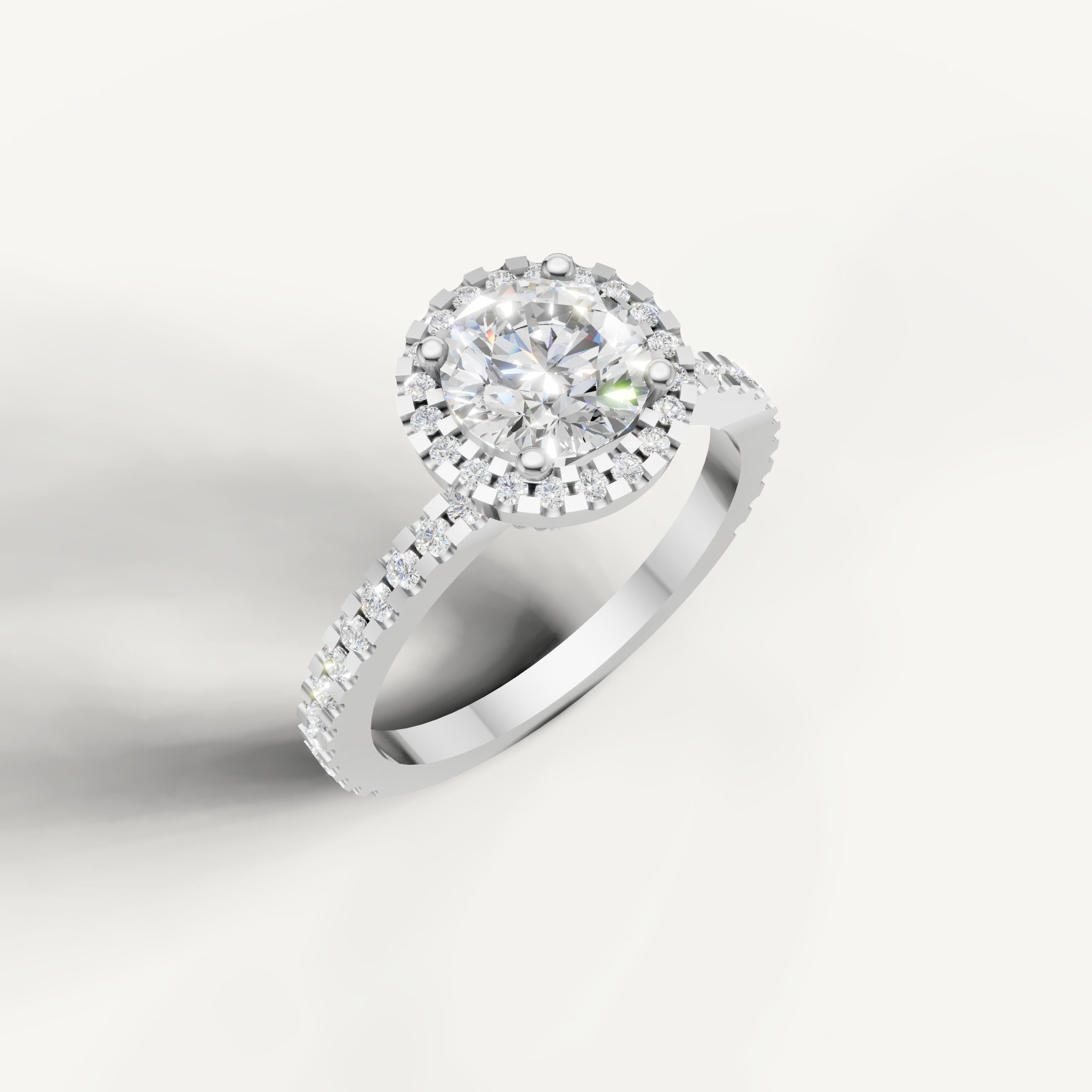 Classic white gold round brilliant diamond ring with halo design.