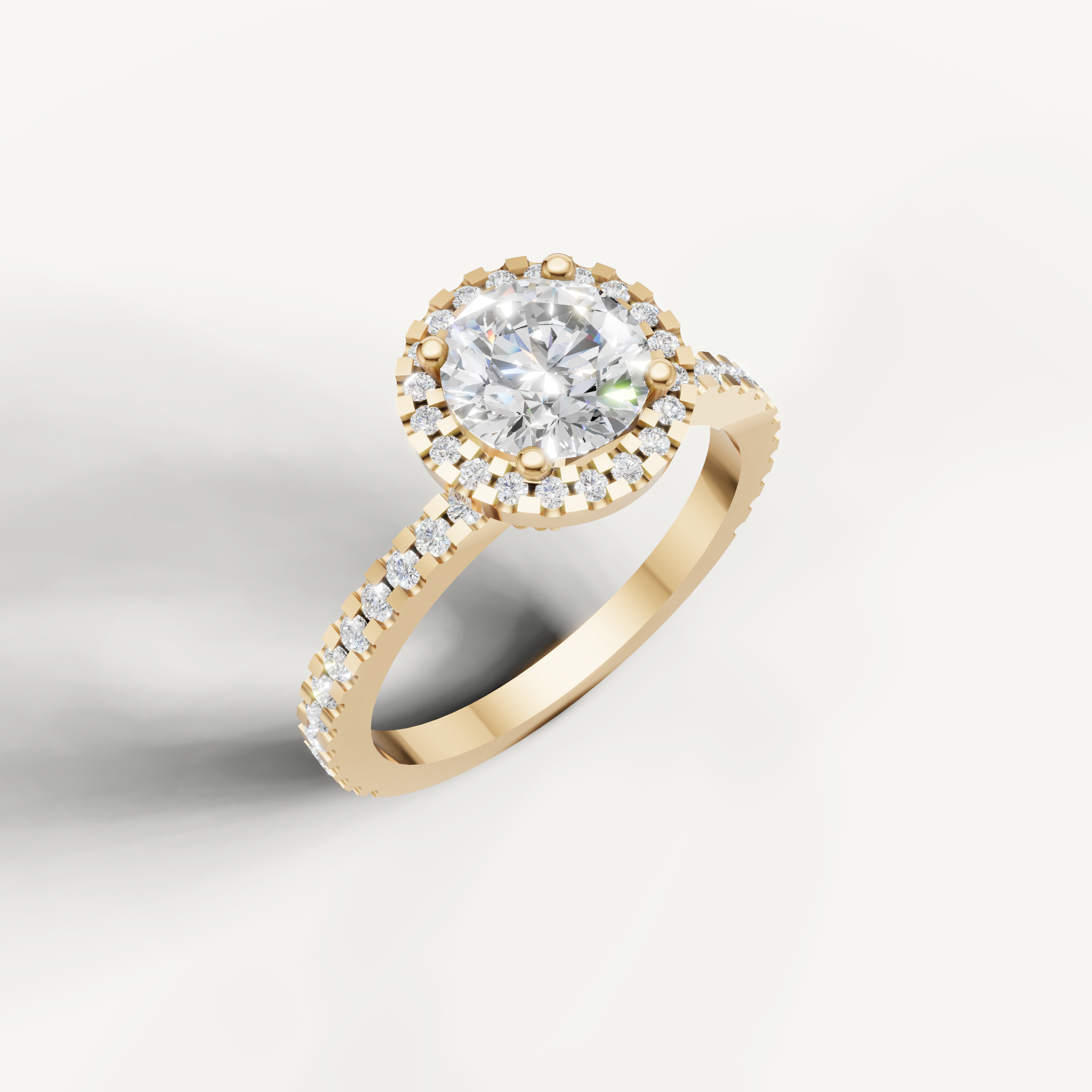 Round brilliant diamond halo ring by Raul Diamonds with vintage inspired setting.