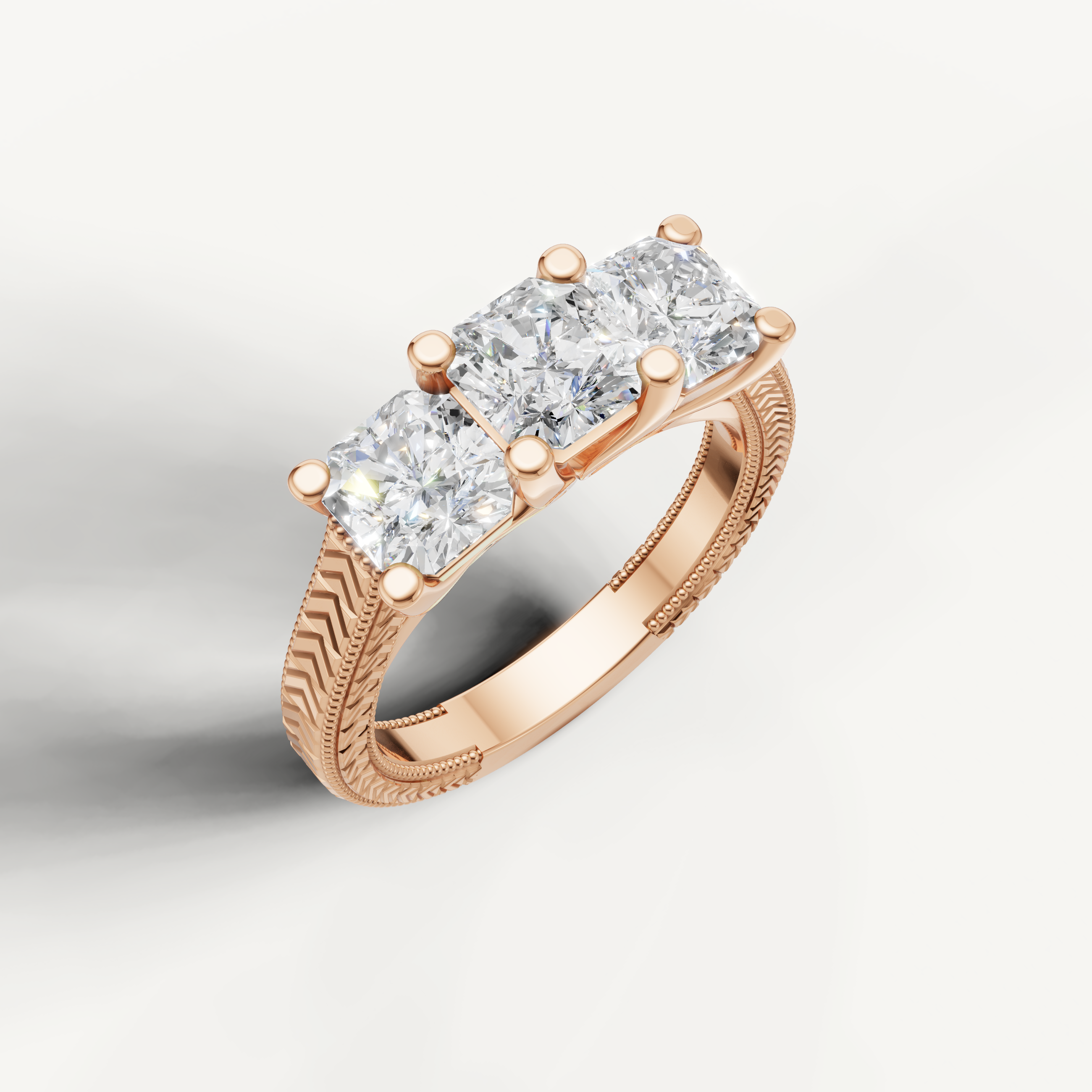 Elegant round cut diamond ring with three stone design in rose gold.