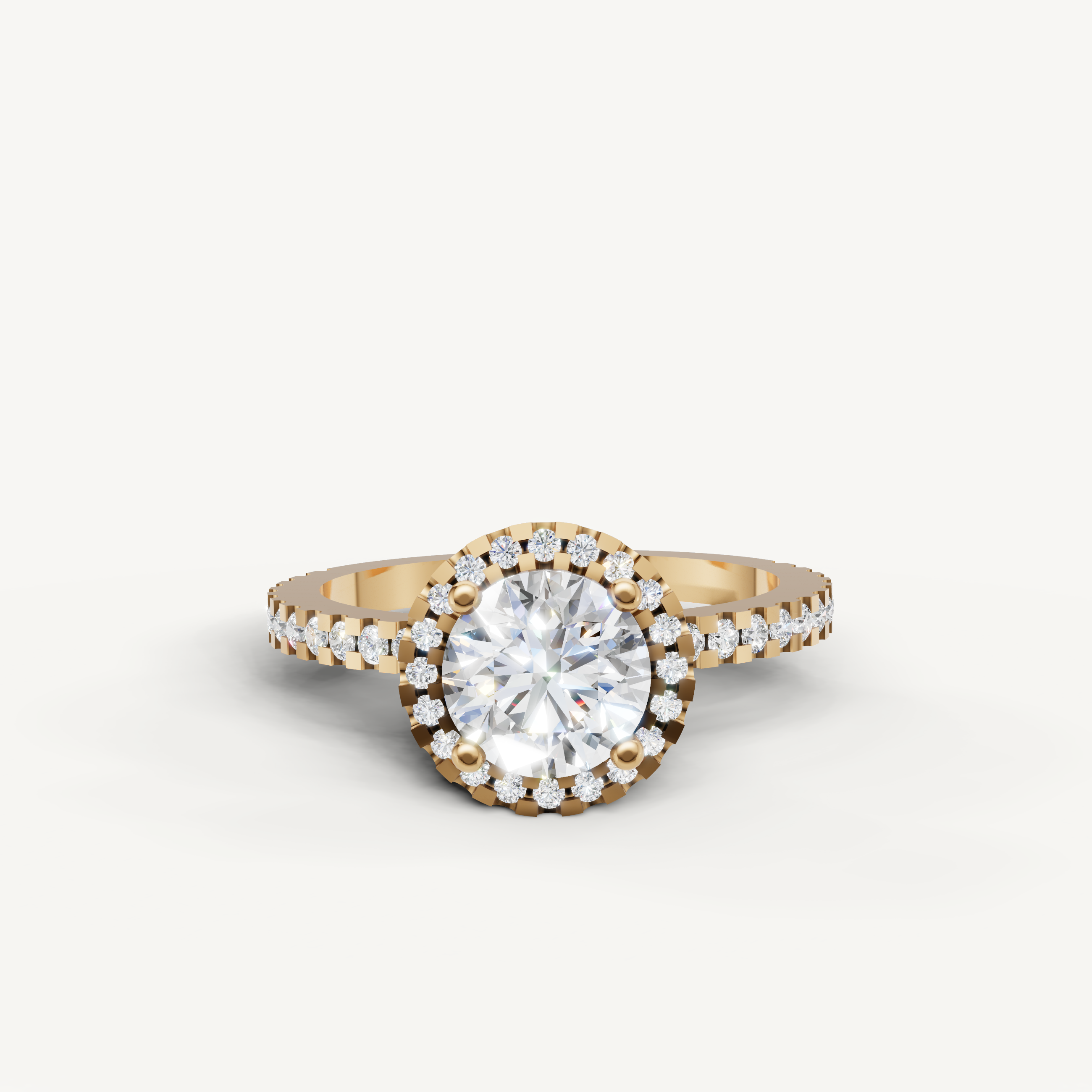 Raul Diamonds round halo engagement ring with pavé diamond band in yellow gold.