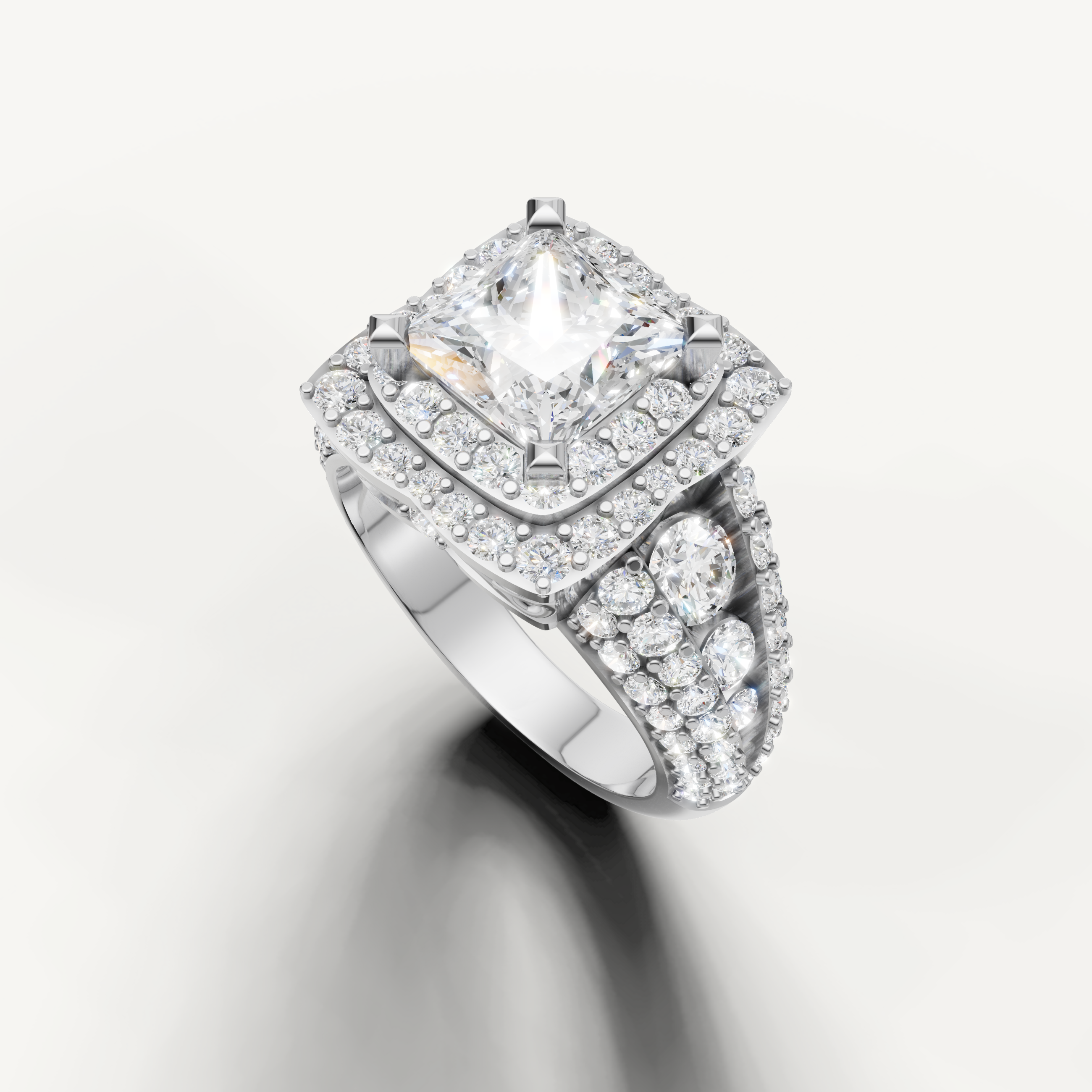 Fine jewelry princess cut engagement ring with vintage detailing from Raul Diamonds.