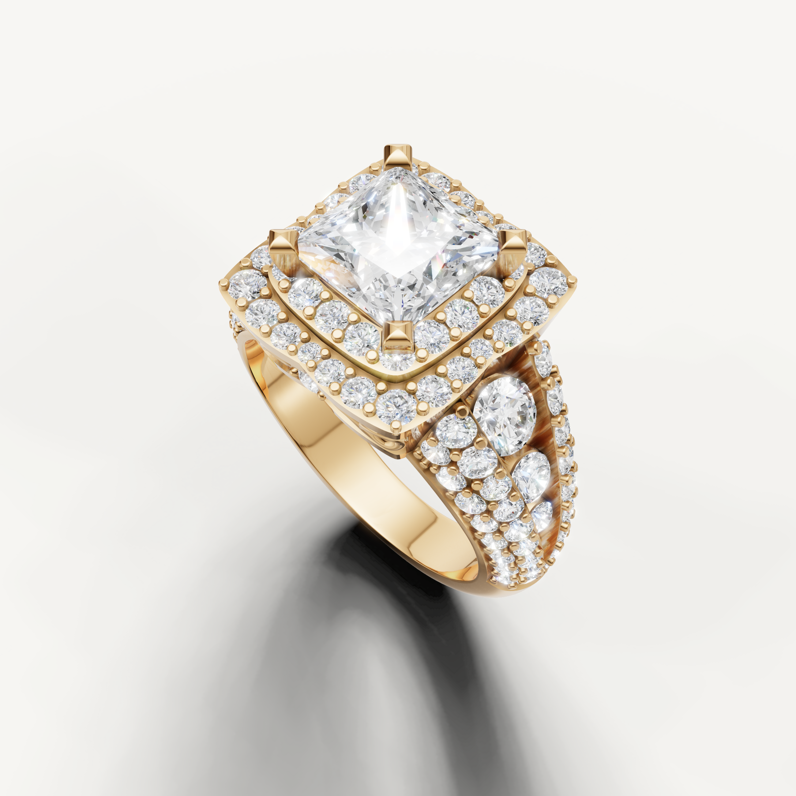 Yellow gold princess halo engagement ring with sparkling side diamonds.