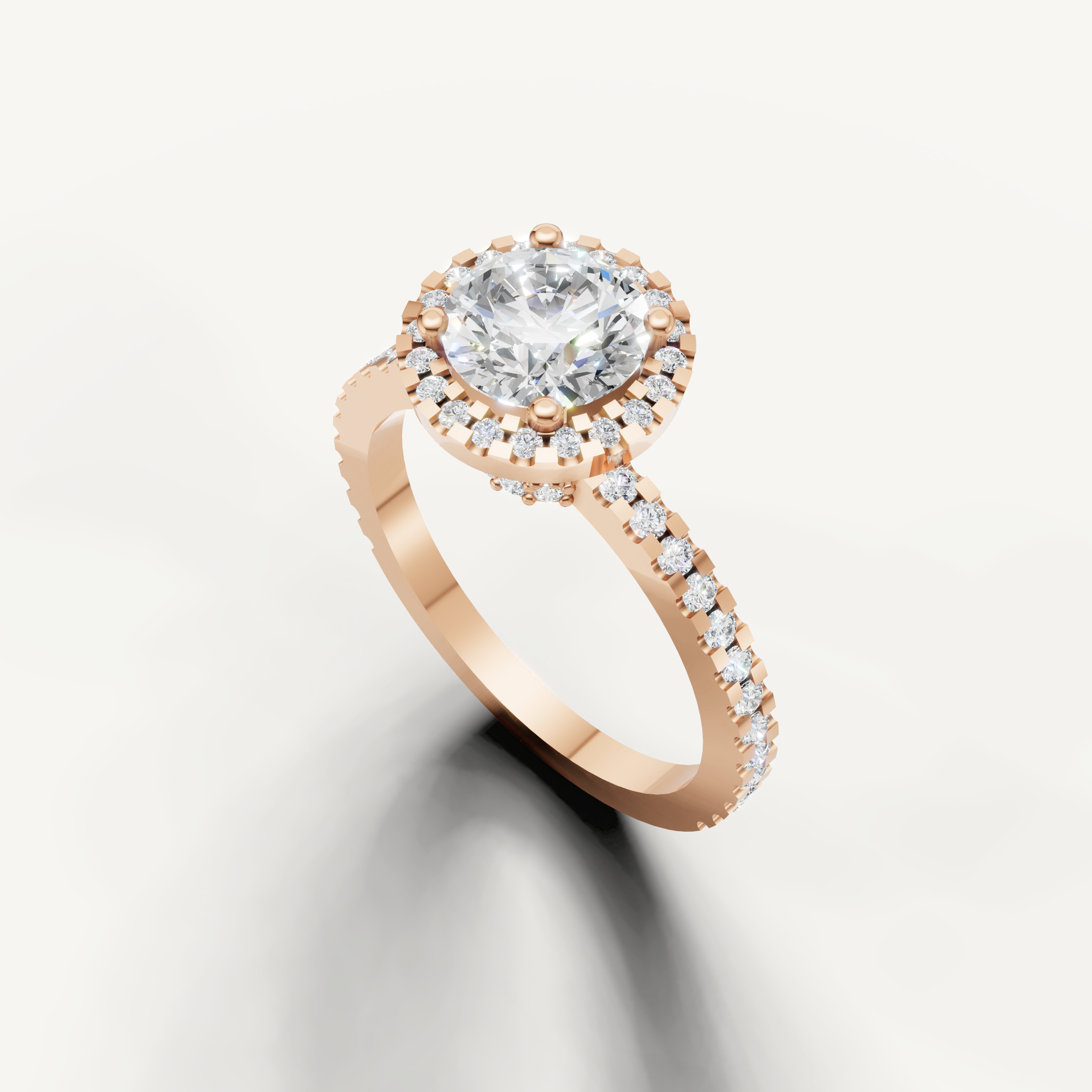Vintage style round halo diamond ring with pavé band by Raul Diamonds.
