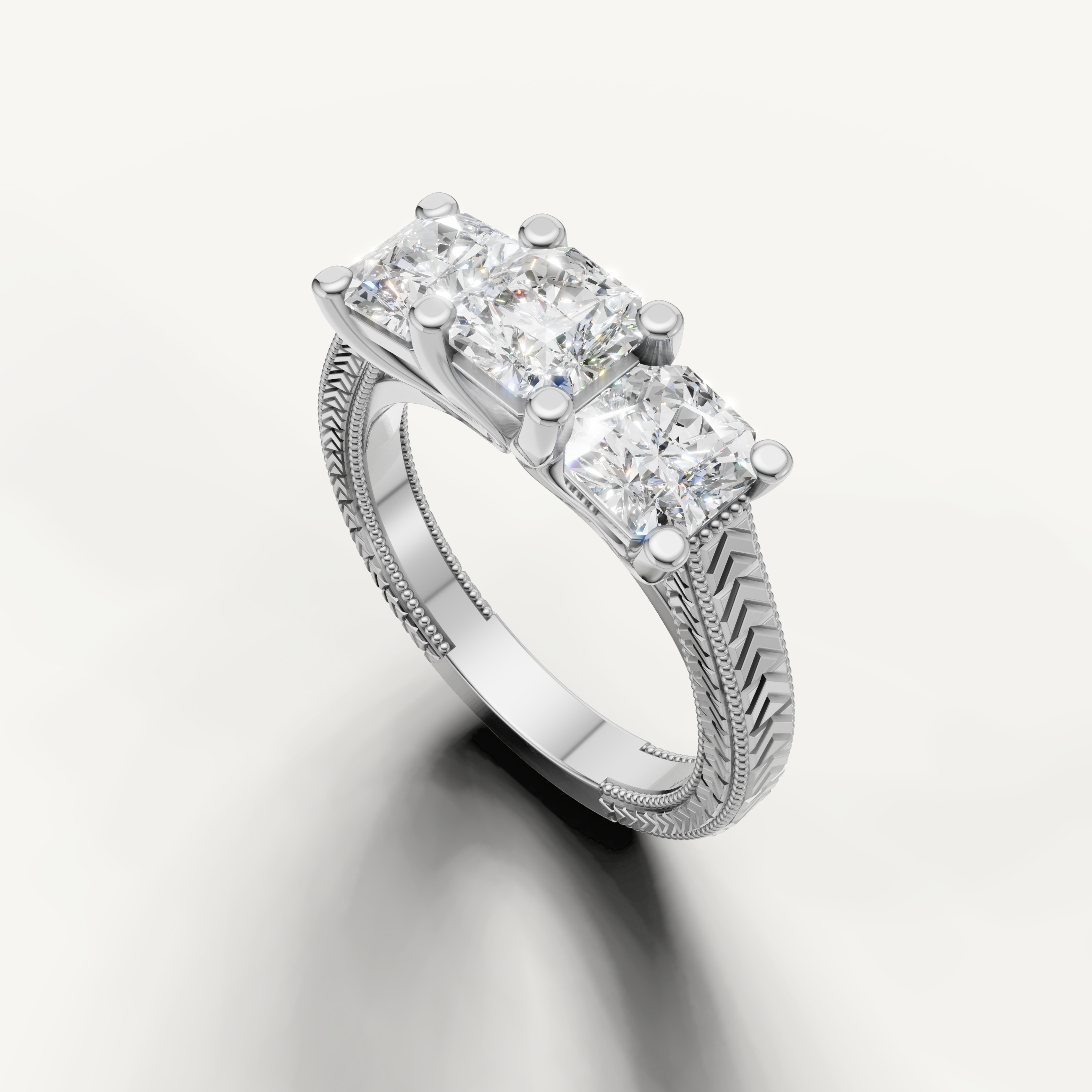 Premium three stone round diamond ring from Raul Diamonds fine jewelry collection.