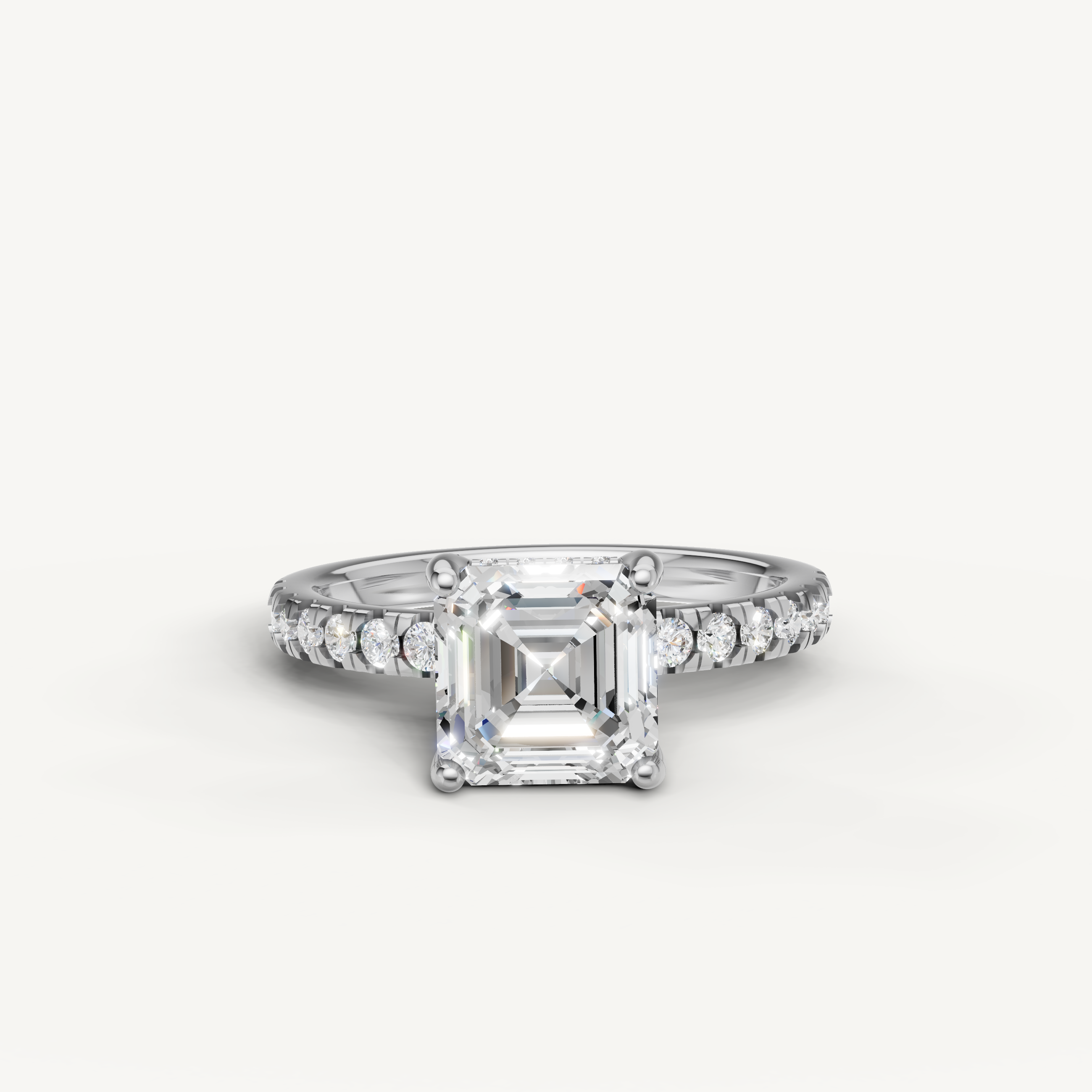 Asscher cut lab grown diamond engagement ring with pavé band white gold 4 prong setting