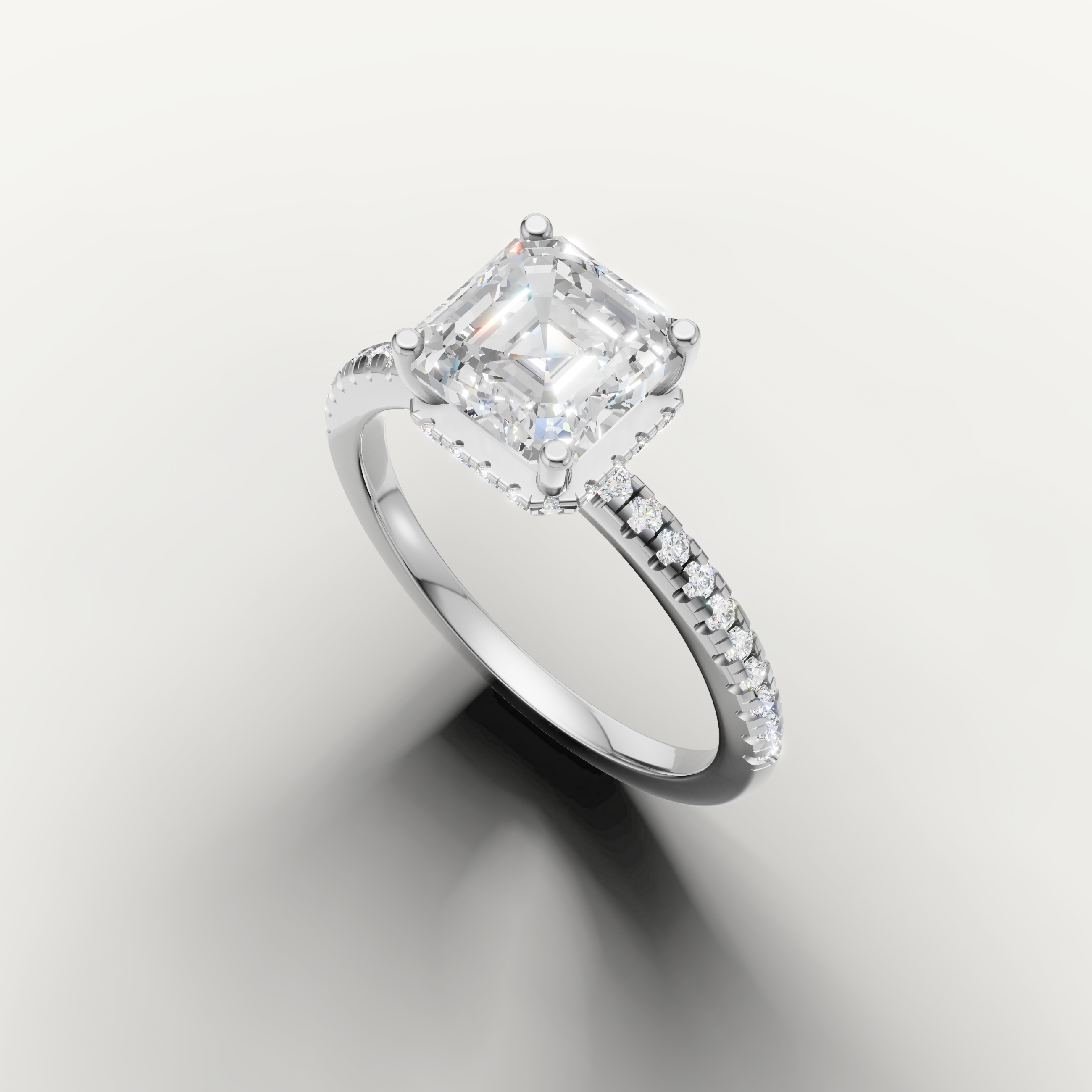 timeless asscher cut lab grown diamond engagement ring with delicate pavé diamonds