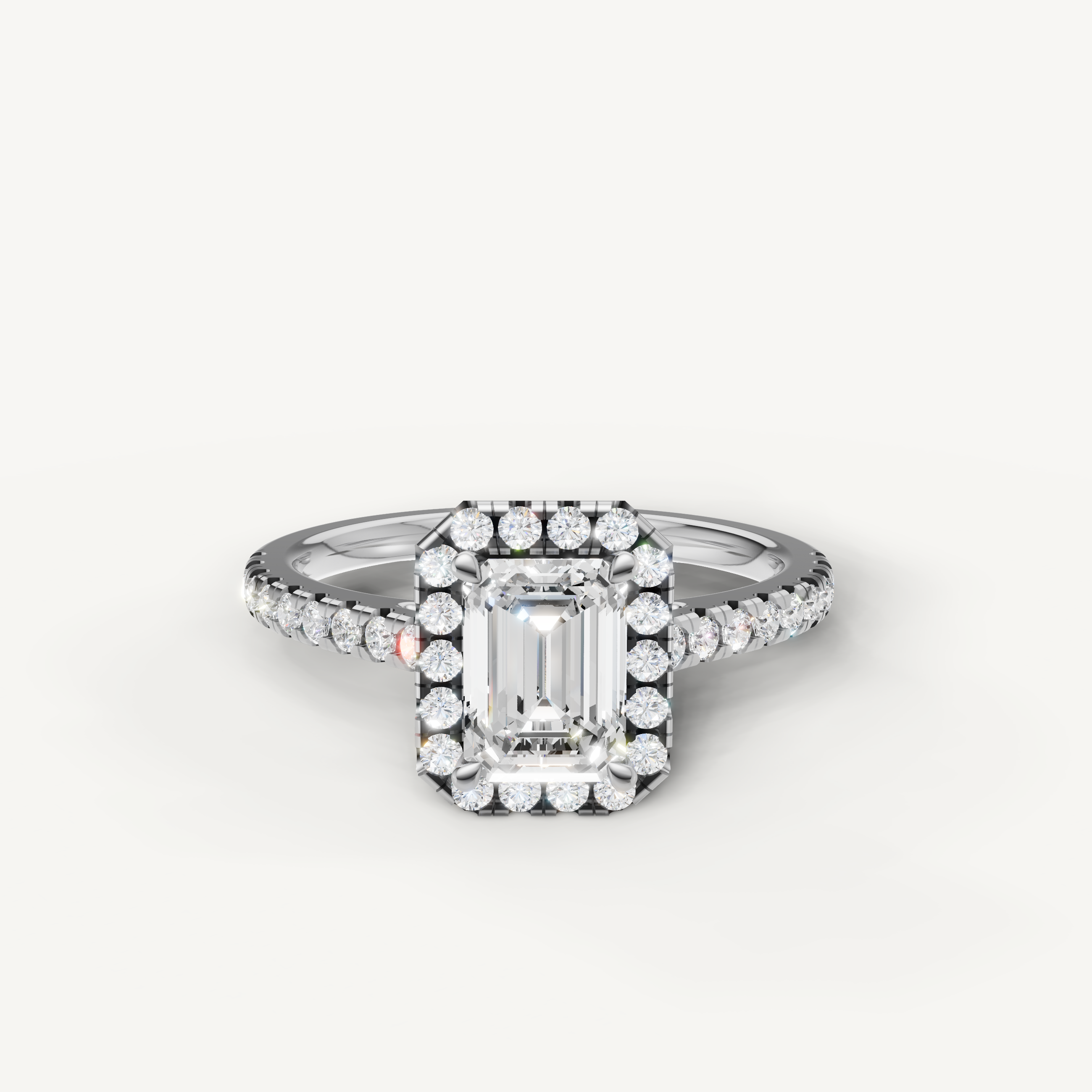 emerald cut lab grown diamond halo engagement ring with pavé band in 14k white gold