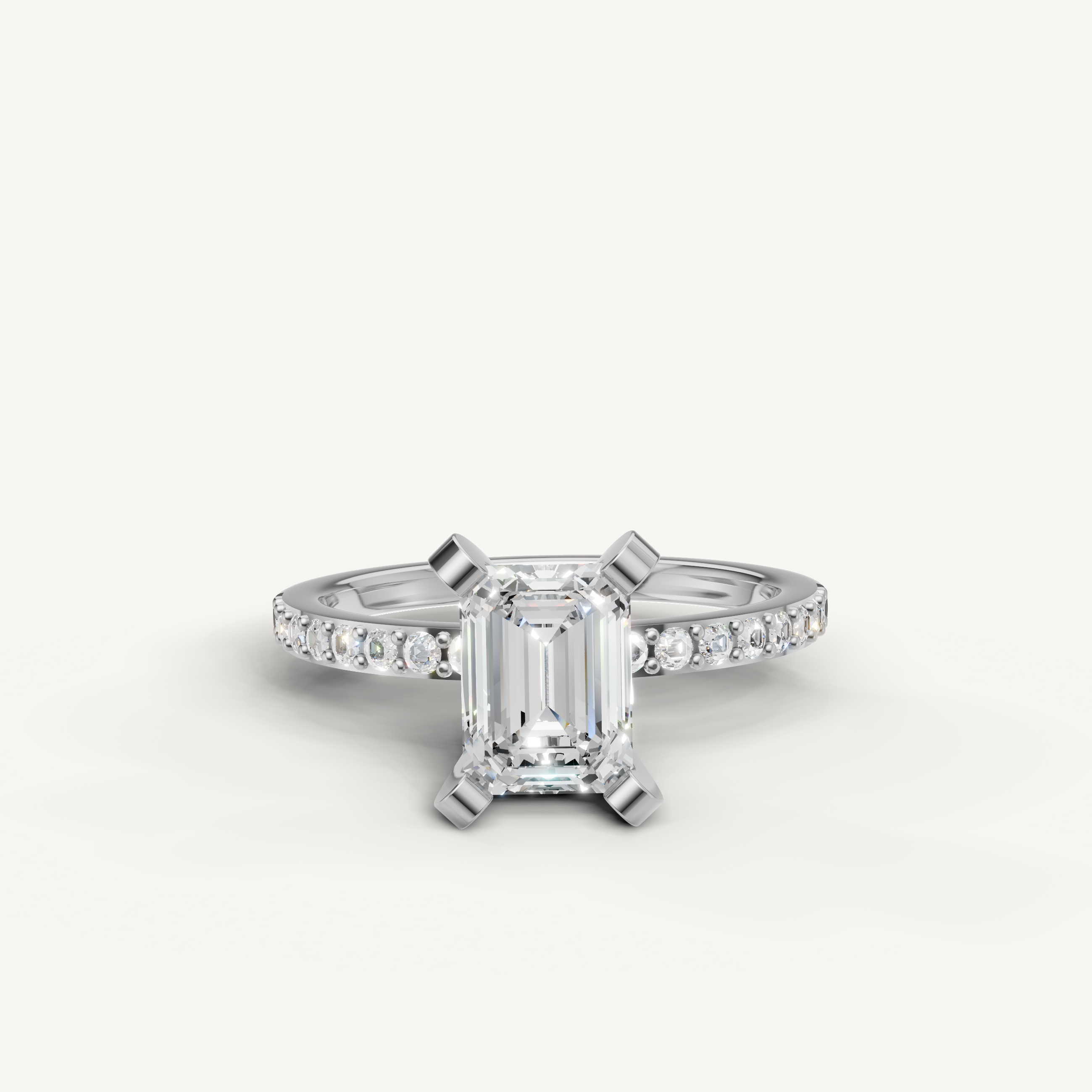 Emerald cut lab grown diamond engagement ring in 14K white gold with pavé band