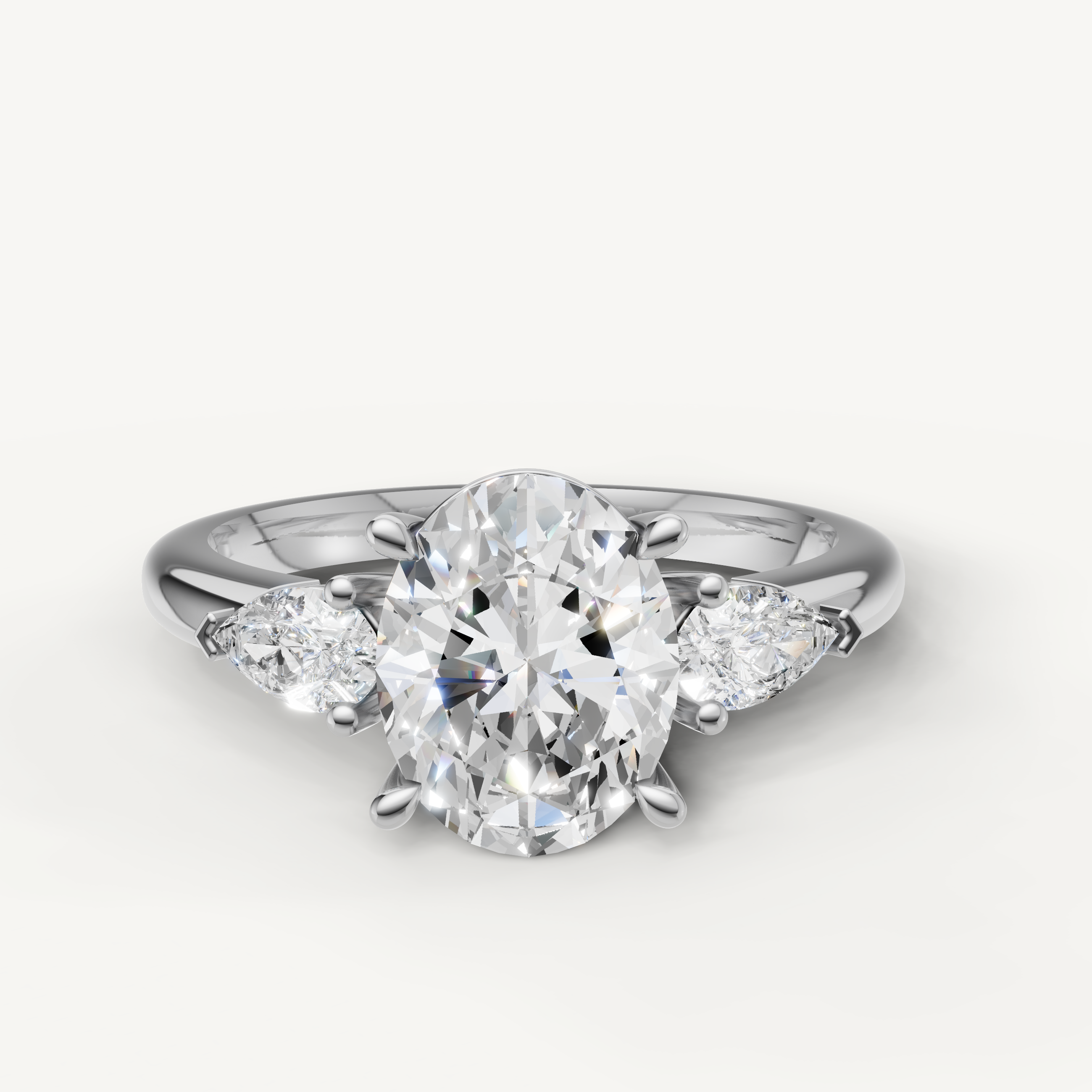 oval lab grown diamond engagement ring with marquise side stones in 14k white gold