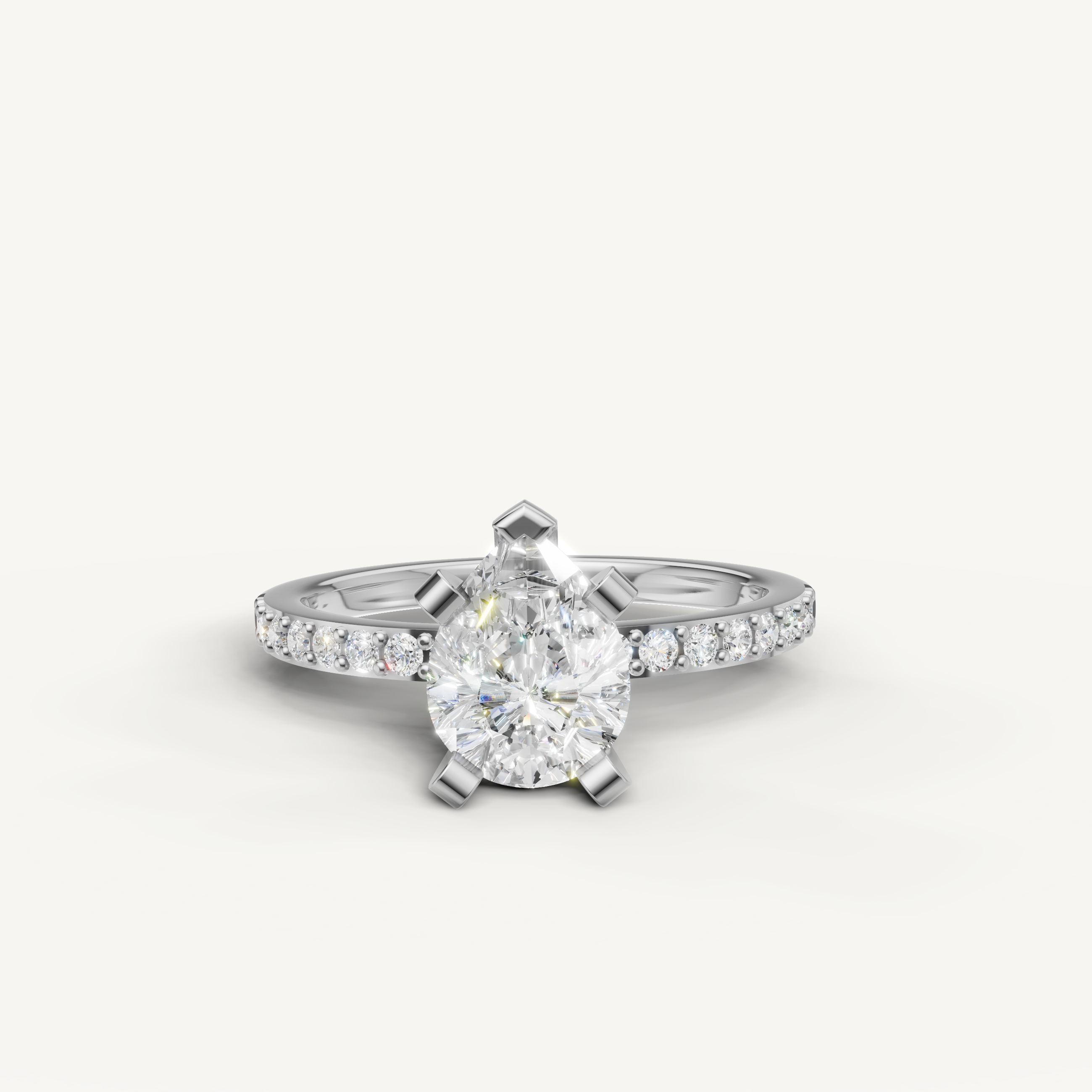 pear lab grown diamond engagement ring with pavé band in 14k white gold