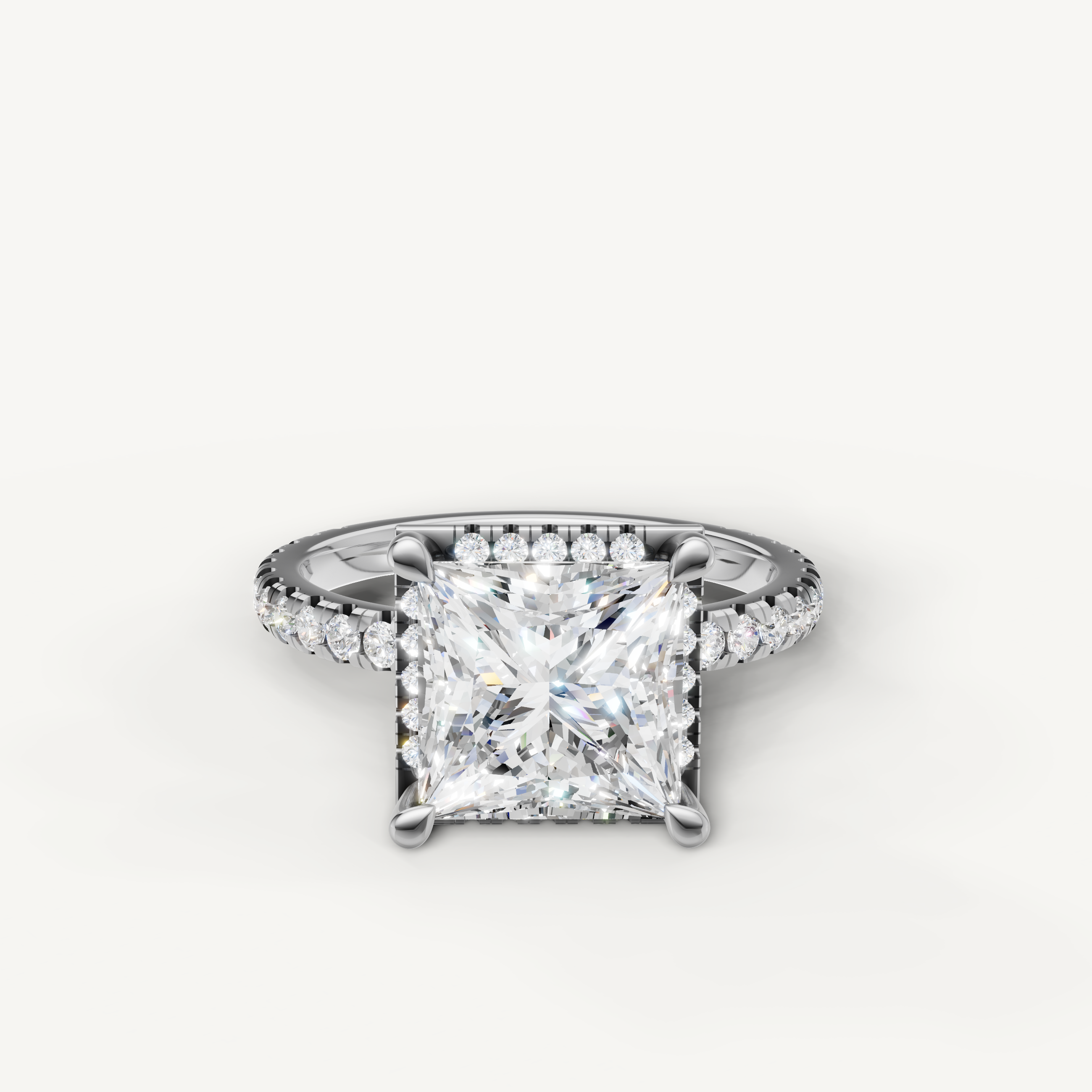 Princess cut lab grown diamond engagement ring with hidden halo pavé band white gold