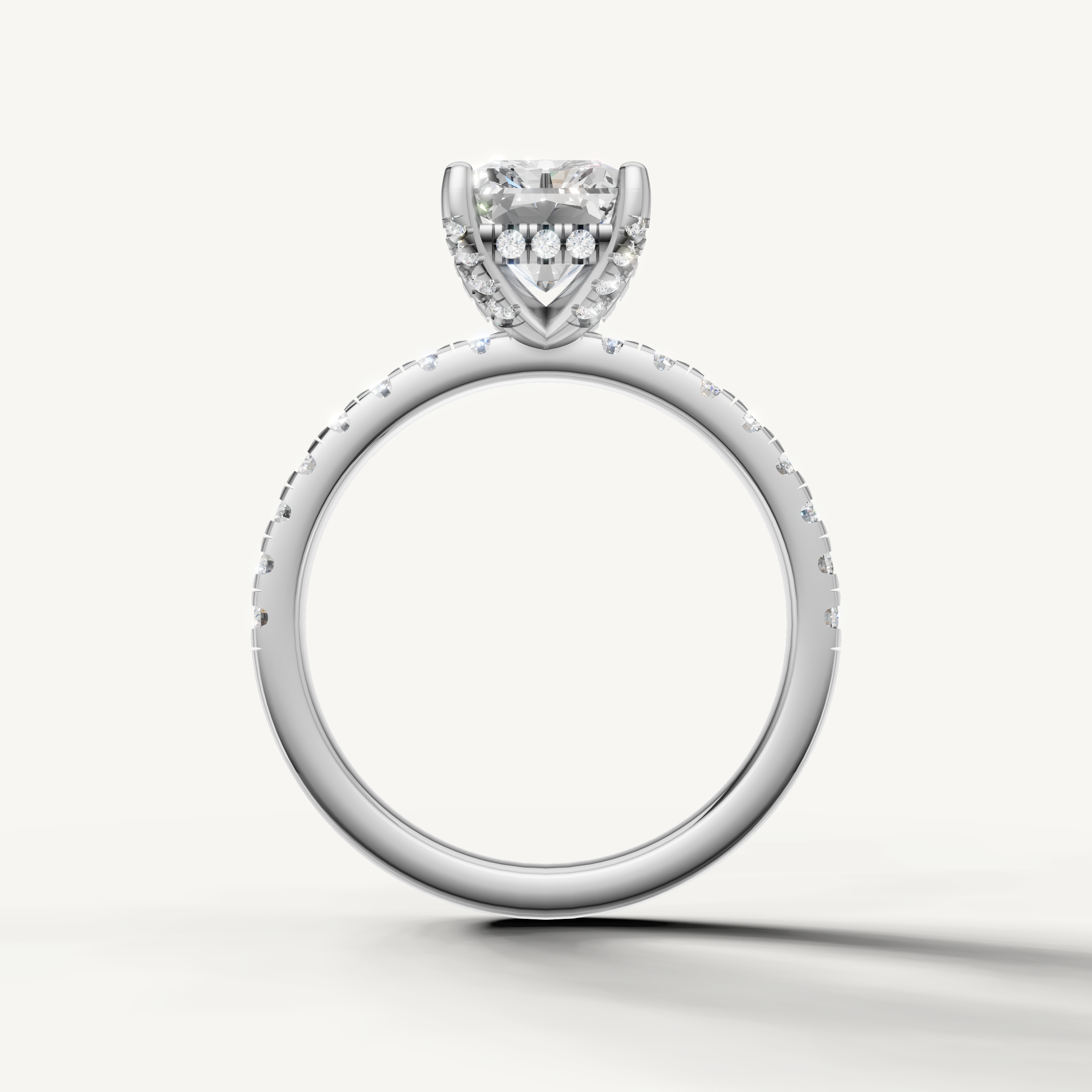 Radiant shape lab grown diamond ring with half pavé band white gold