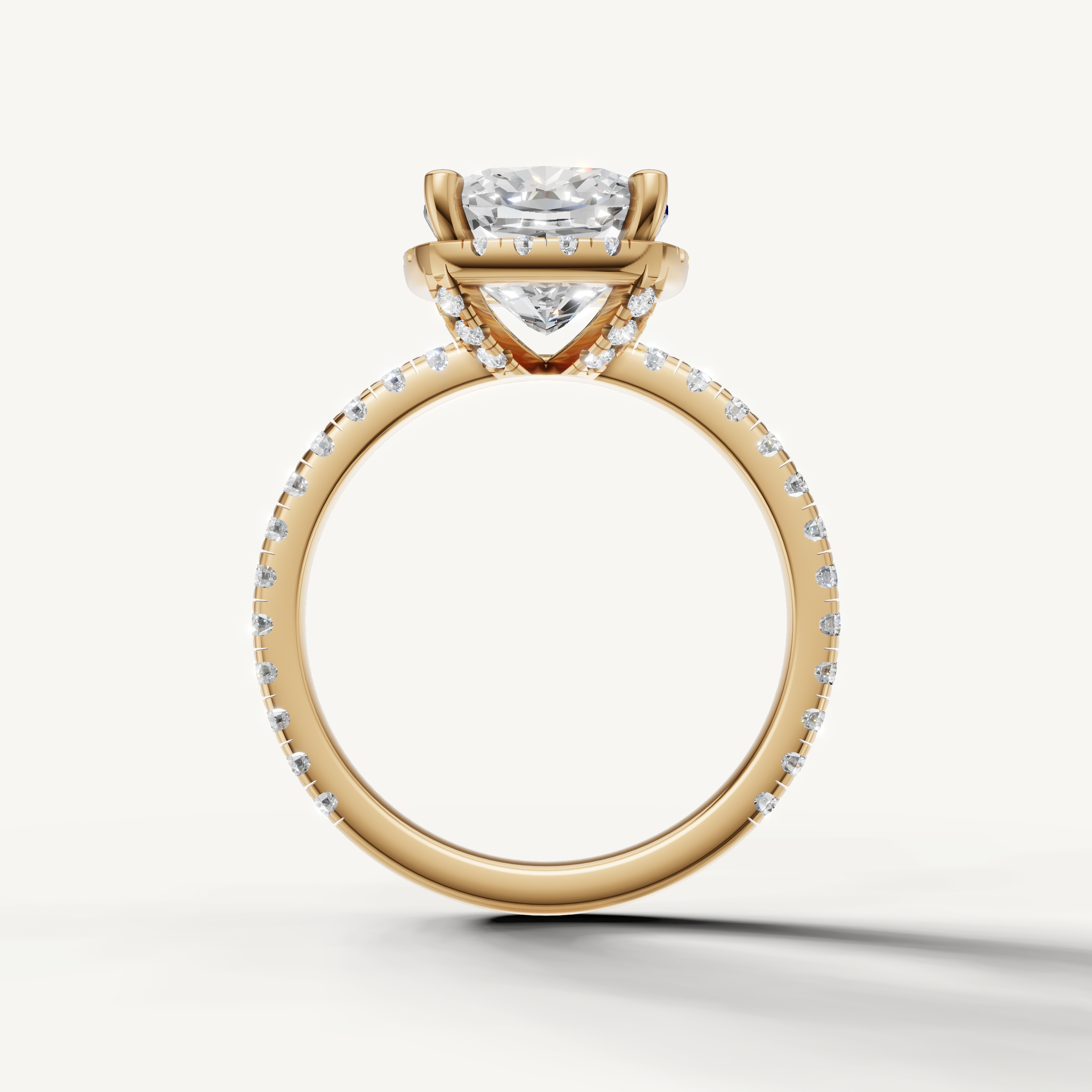 Cushion shape lab grown diamond ring with pavé setting yellow gold luxury design